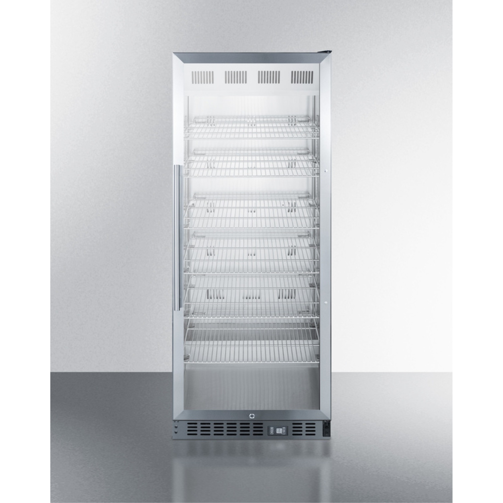Mid-sized pharmaceutical all-refrigerator with stainless steel construction inside and out, digital controls, and self-closing glass door