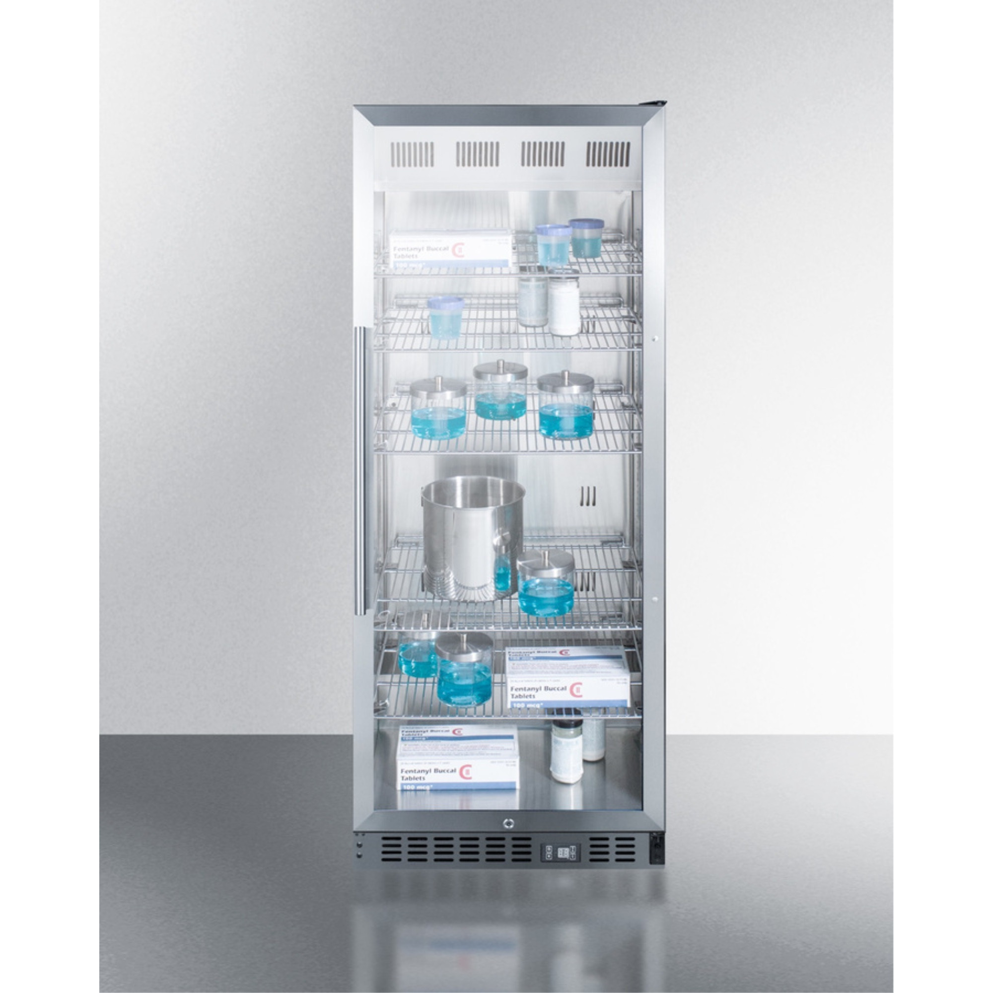 Mid-sized pharmaceutical all-refrigerator with stainless steel construction inside and out, digital controls, and self-closing glass door