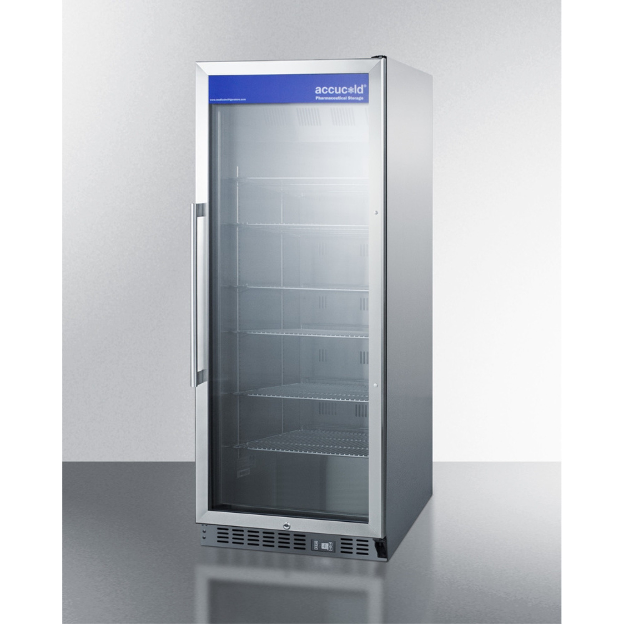Mid-sized pharmaceutical all-refrigerator with stainless steel construction inside and out, digital controls, and self-closing glass door