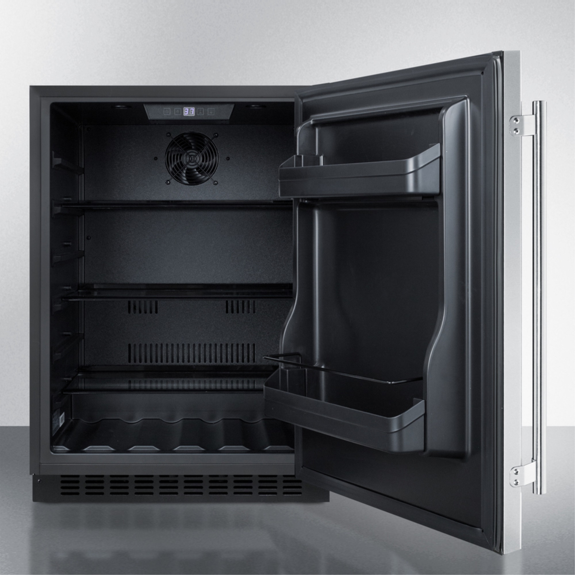 Built-in undercounter ADA compliant all-refrigerator with stainless steel exterior, door storage, lock, and digital controls