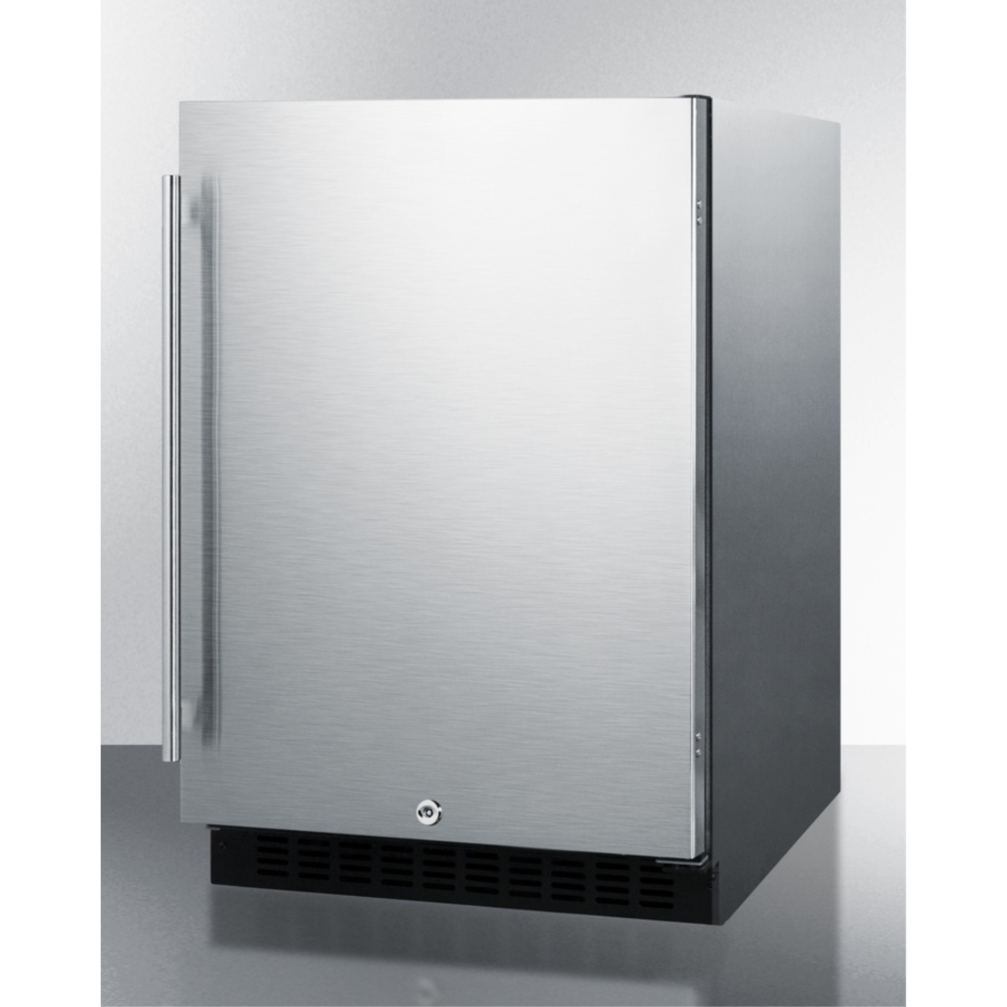 Built-in undercounter ADA compliant all-refrigerator with stainless steel exterior, door storage, lock, and digital controls