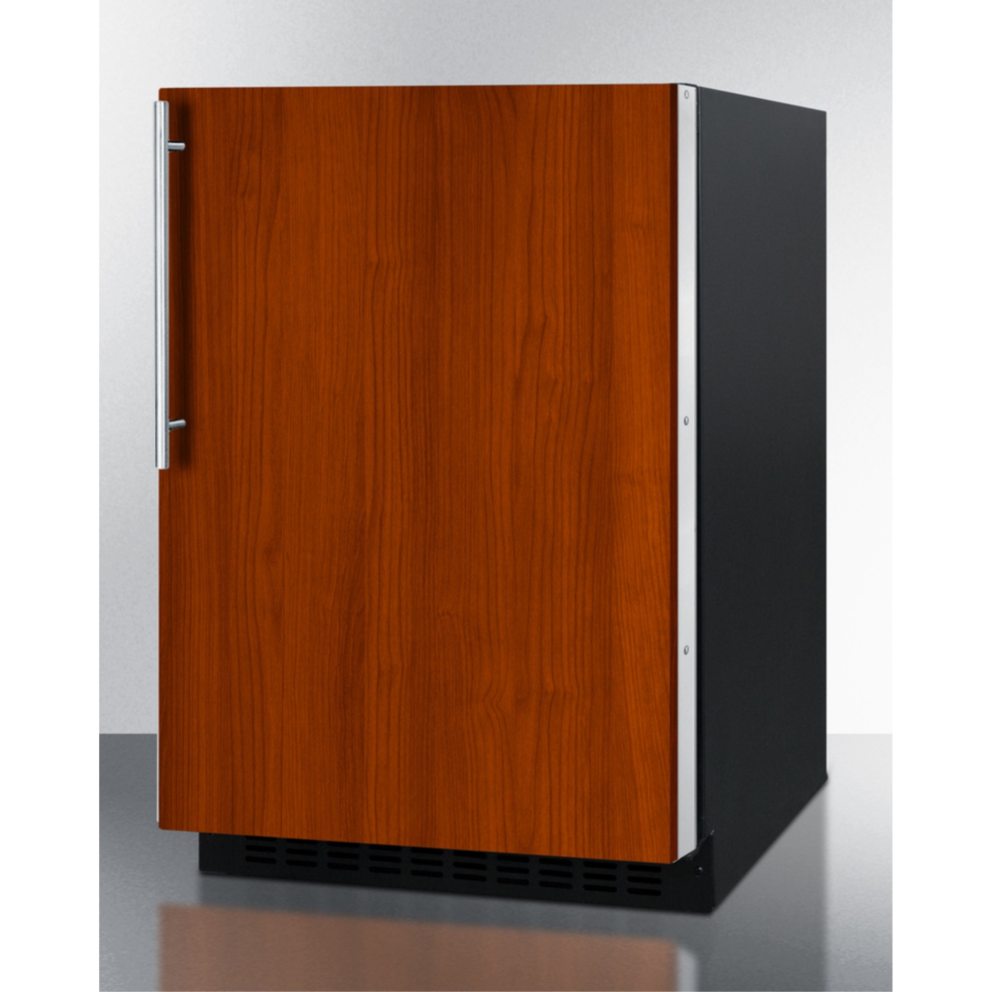 Built-in undercounter ADA compliant all-refrigerator with panel-ready door, black cabinet, door storage, and digital controls