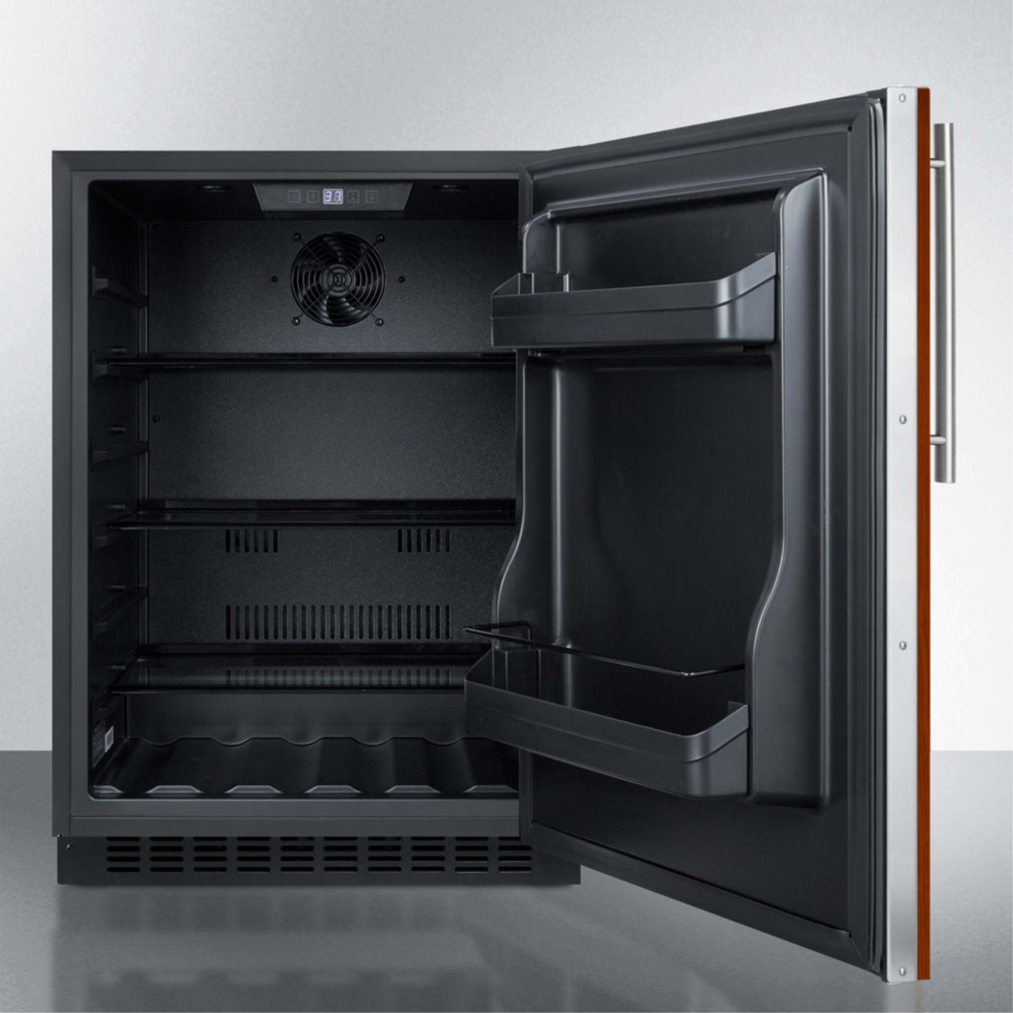 Built-in undercounter ADA compliant all-refrigerator with panel-ready door, black cabinet, door storage, and digital controls