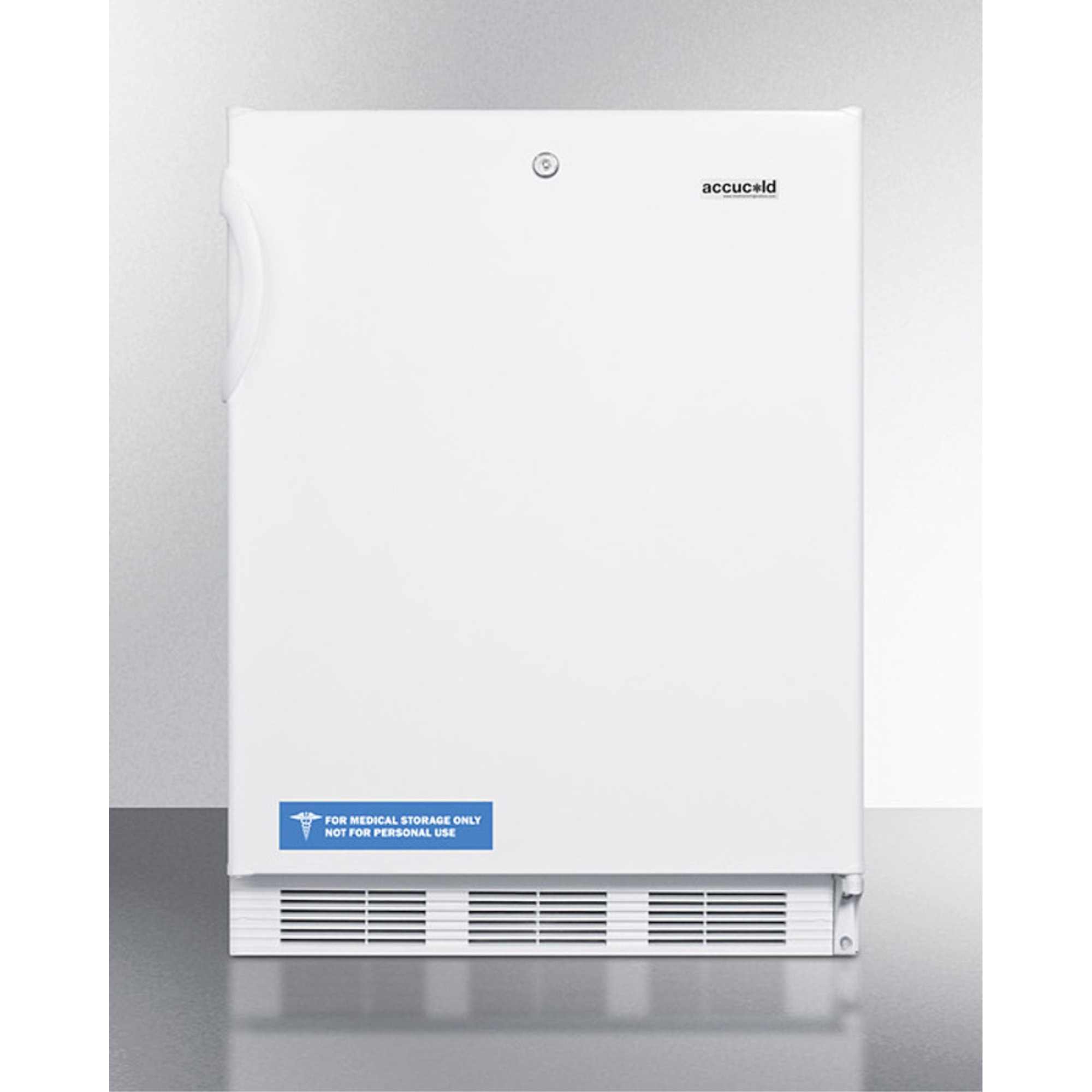 ADA compliant all-refrigerator for freestanding general purpose use, with lock, flat door liner, auto defrost operation and white exterior
