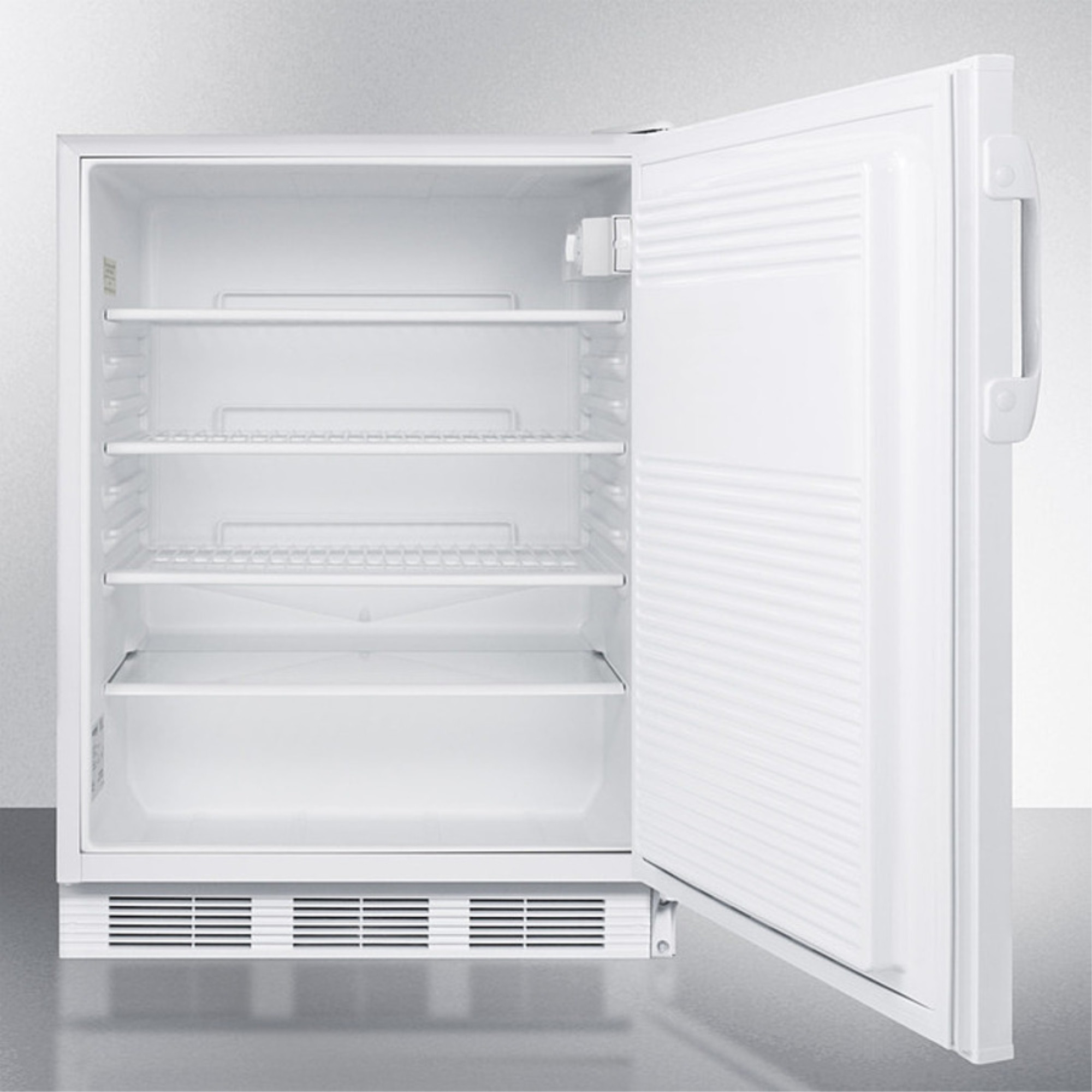 ADA compliant all-refrigerator for freestanding general purpose use, with lock, flat door liner, auto defrost operation and white exterior