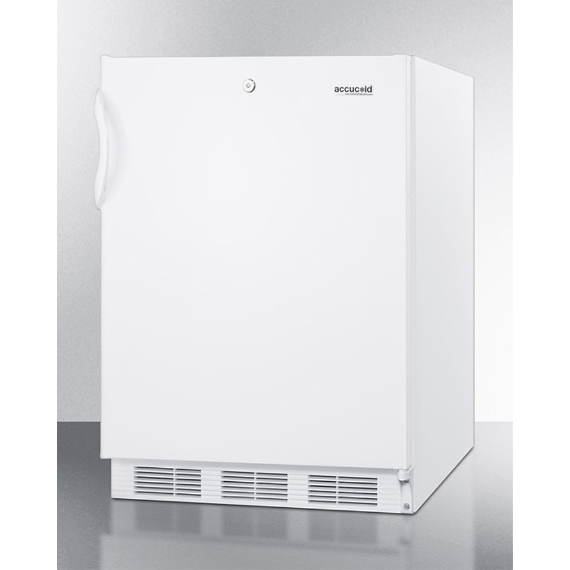 ADA compliant all-refrigerator for freestanding general purpose use, with lock, flat door liner, auto defrost operation and white exterior