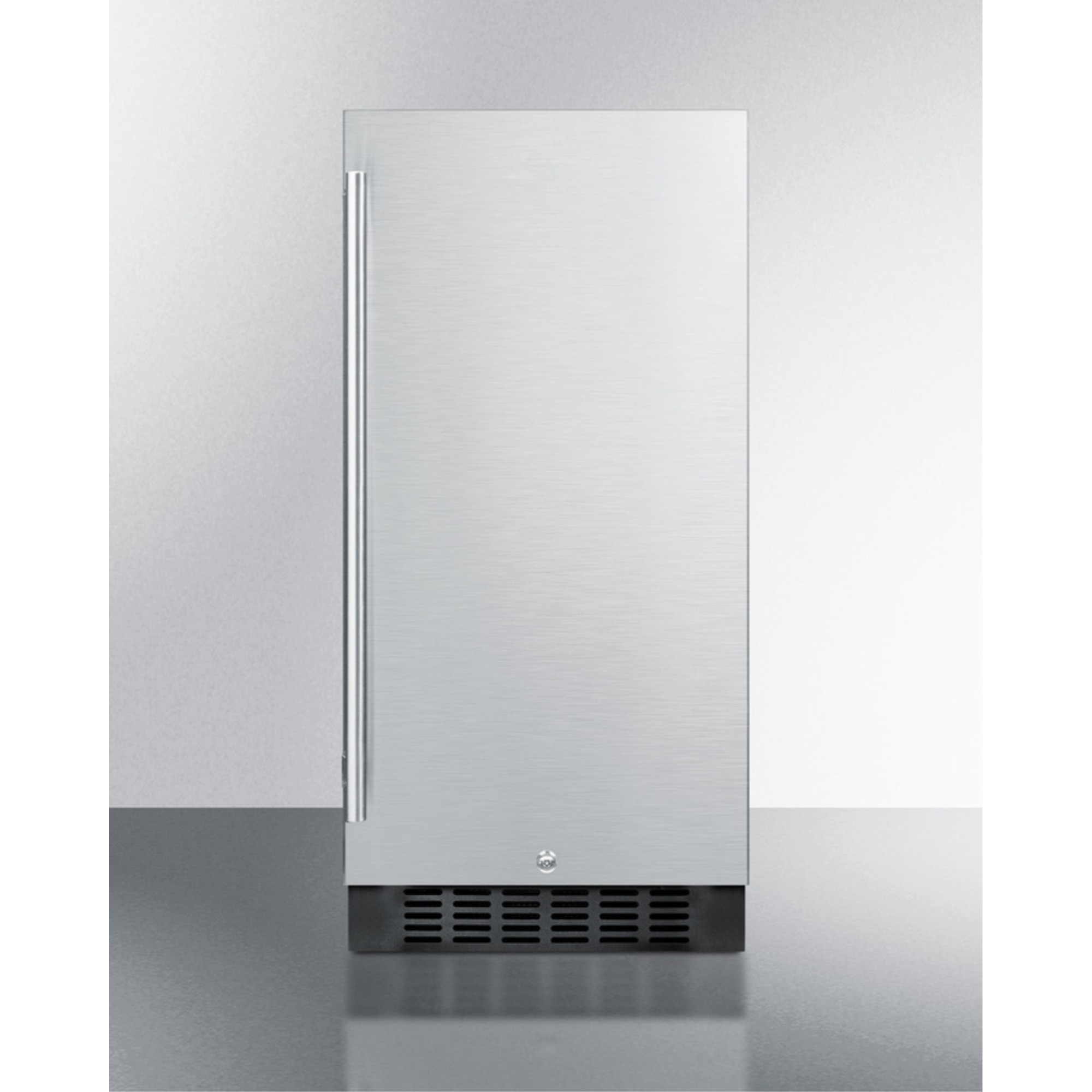 15" wide ADA compliant all-refrigerator for built-in or freestanding use, with digital controls, LED light, lock, stainless steel door, and black cabinet