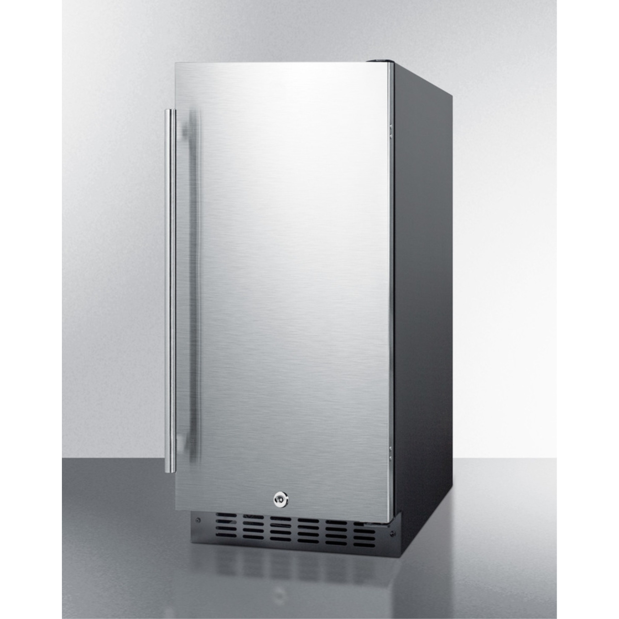 15" wide ADA compliant all-refrigerator for built-in or freestanding use, with digital controls, LED light, lock, stainless steel door, and black cabinet