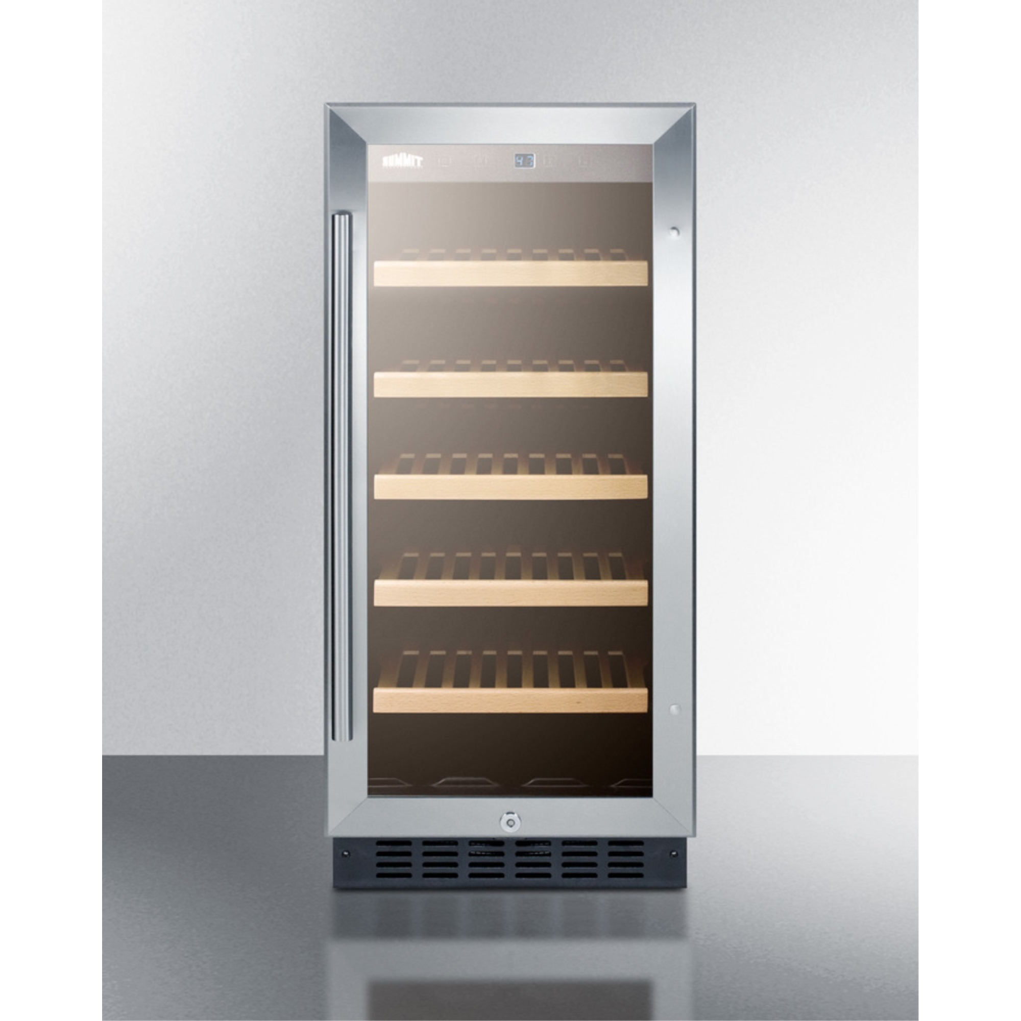 15" wide ADA compliant wine cellar for built-in or freestanding use, with digital controls, front lock, LED lighting, and stainless steel wrapped cabinet