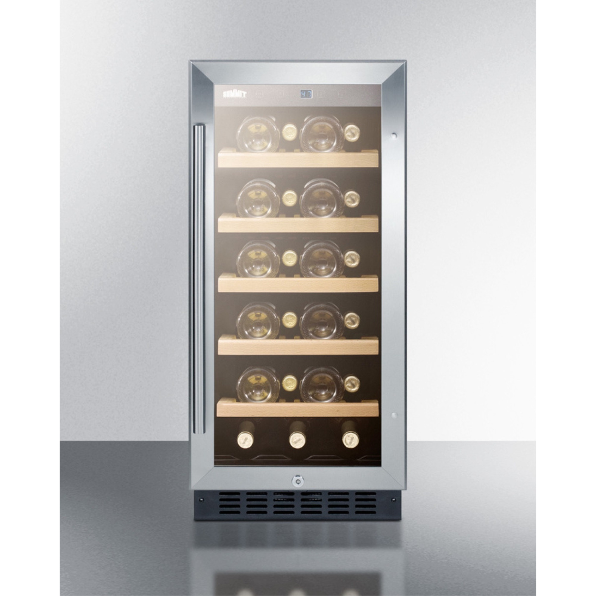 15" wide ADA compliant wine cellar for built-in or freestanding use, with digital controls, front lock, LED lighting, and stainless steel wrapped cabinet