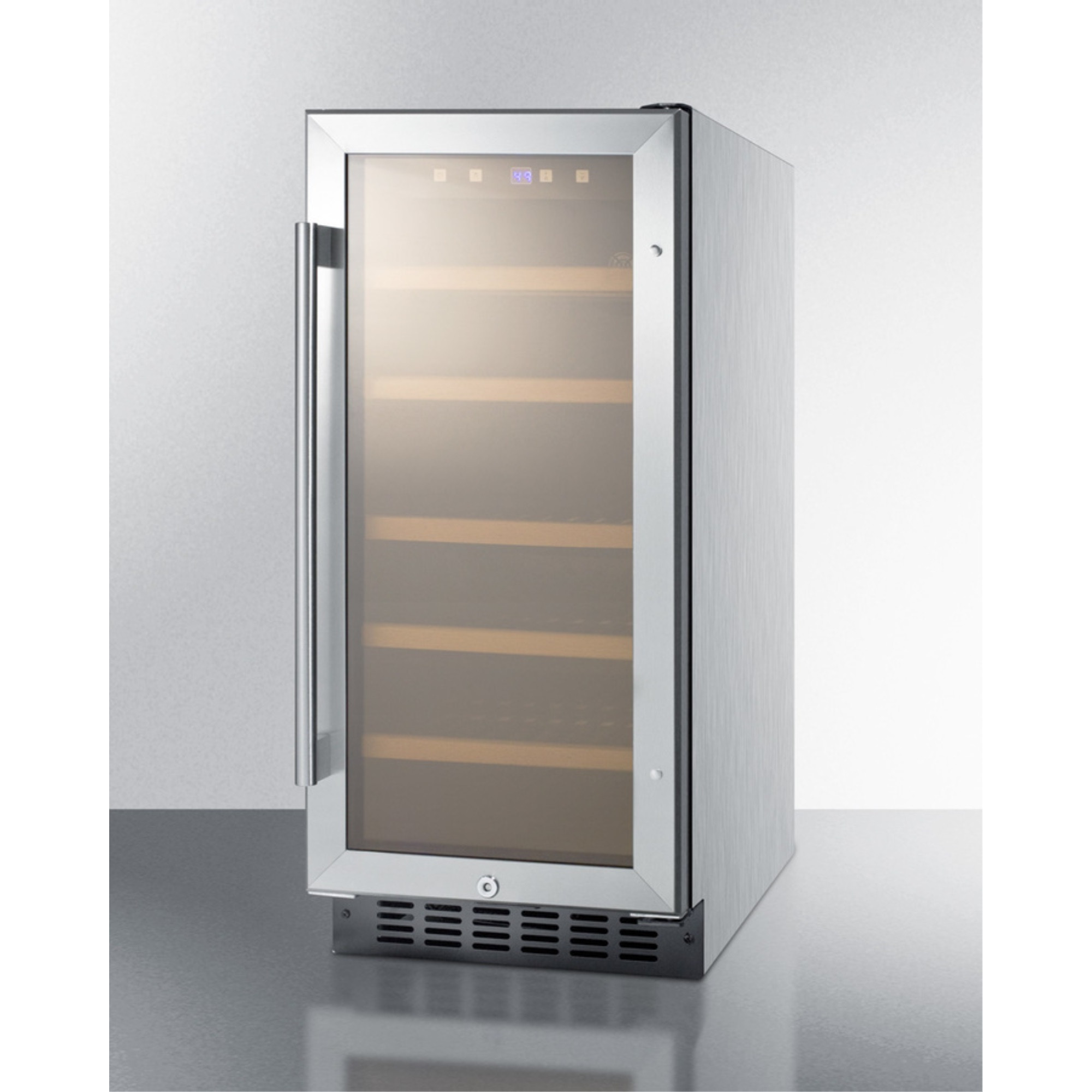 15" wide ADA compliant wine cellar for built-in or freestanding use, with digital controls, front lock, LED lighting, and stainless steel wrapped cabinet