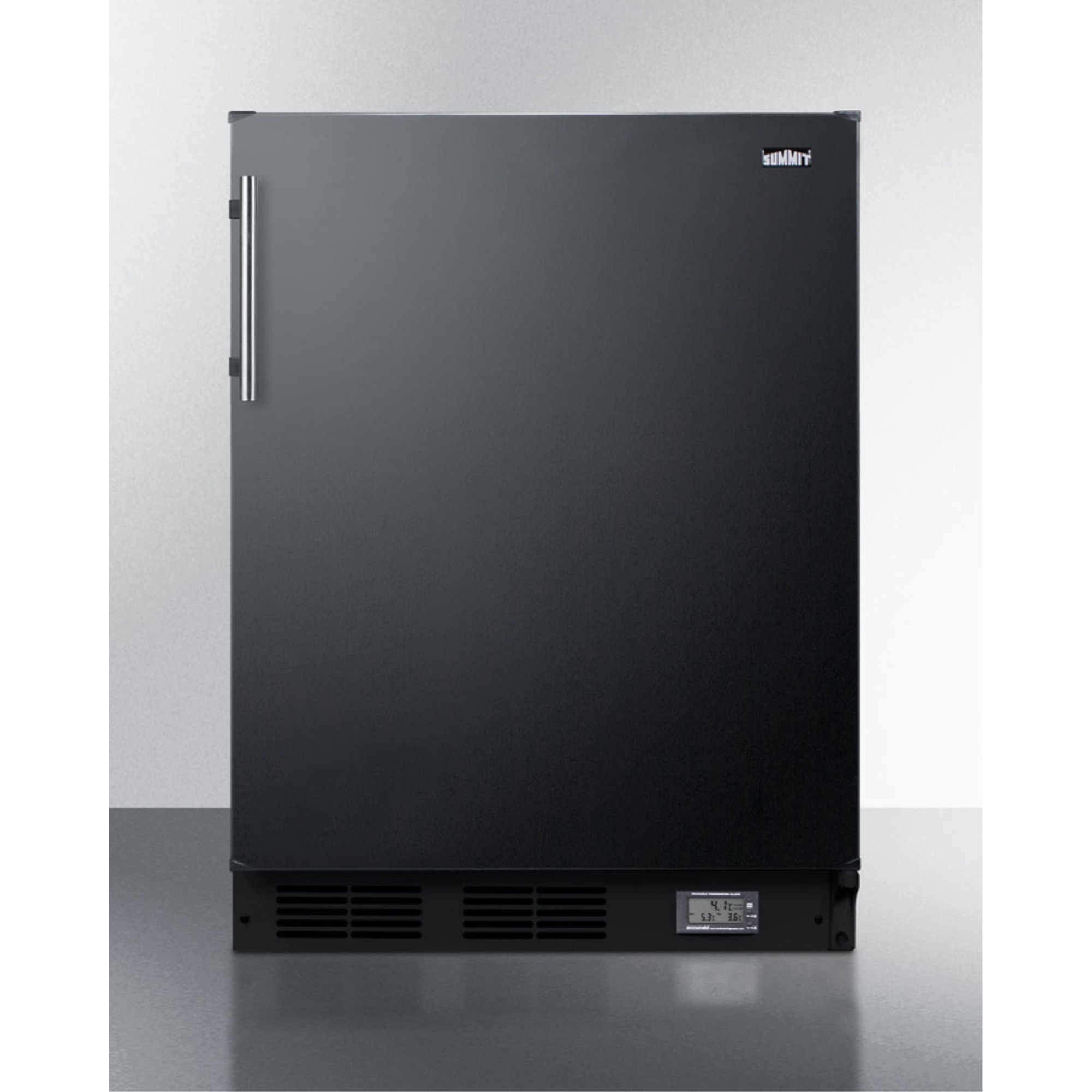 Counter height break room refrigerator-freezer in black with NIST calibrated thermometer and alarm