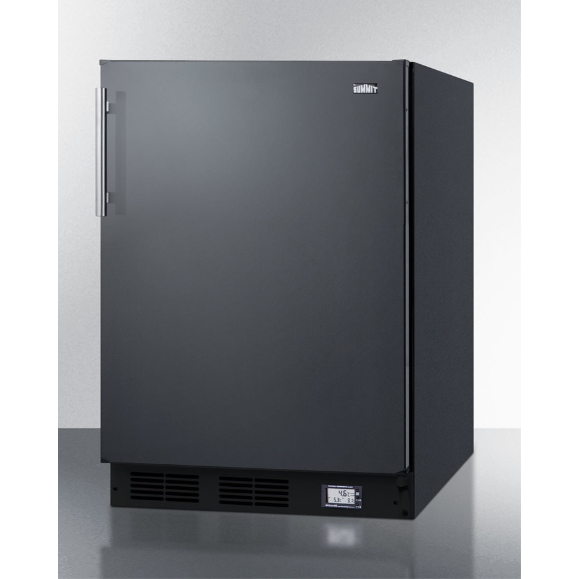 Counter height break room refrigerator-freezer in black with NIST calibrated thermometer and alarm