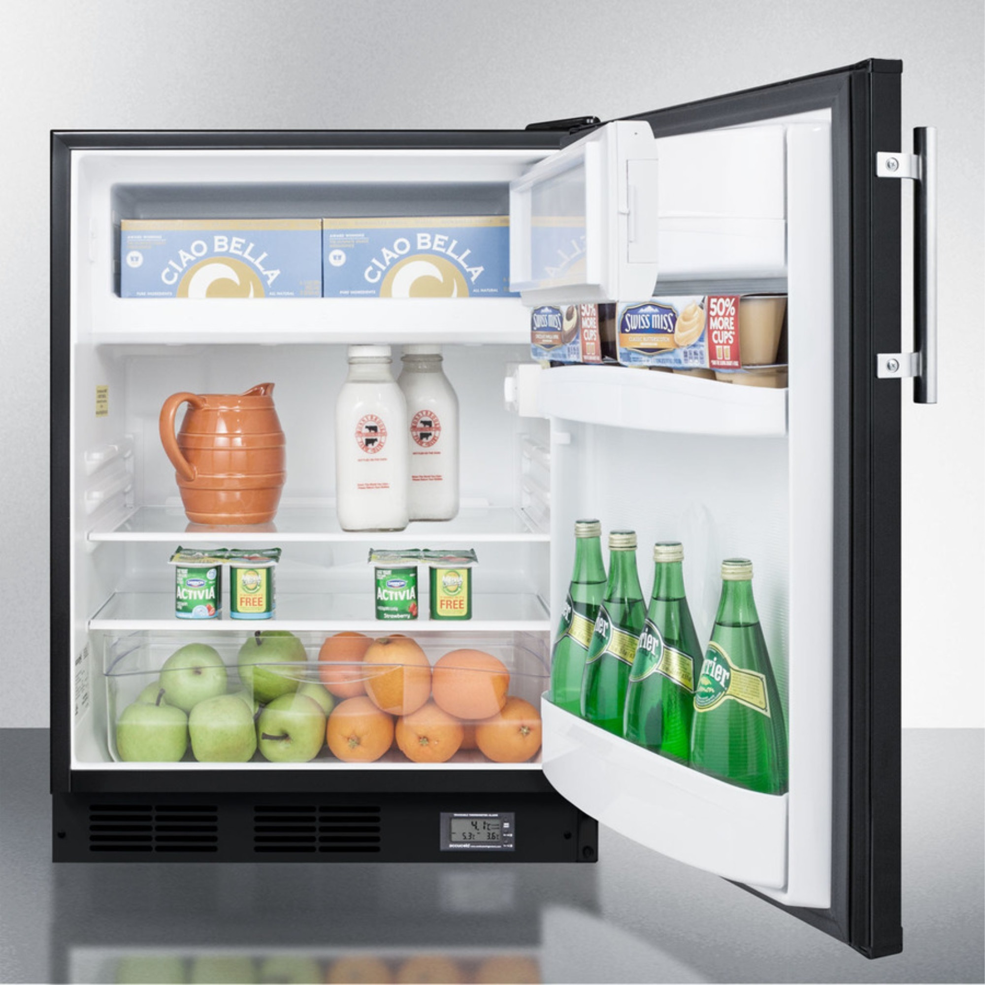 Counter height break room refrigerator-freezer in black with NIST calibrated thermometer and alarm