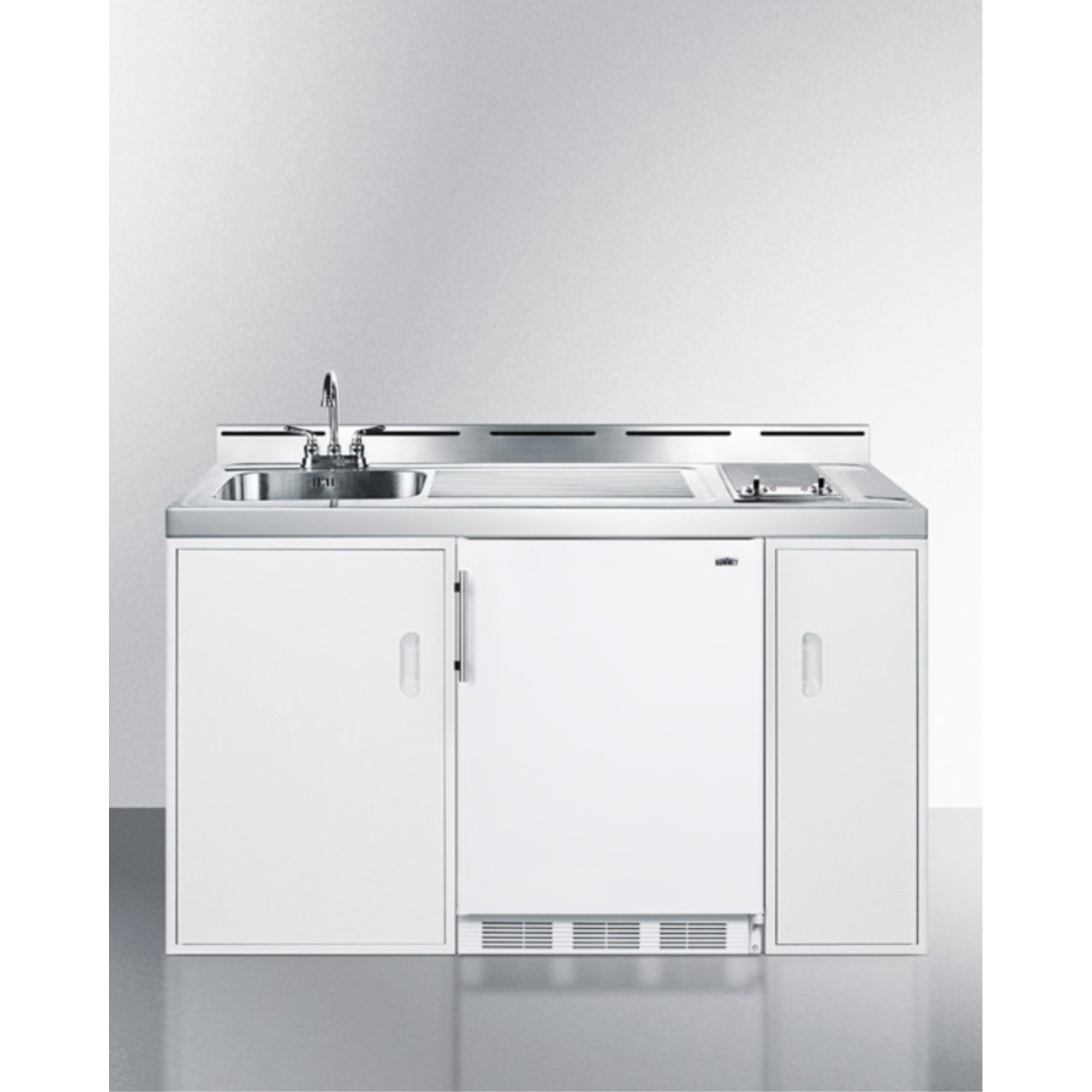 60" wide all-in-one kitchenette with 2-burner 115V smooth top cooktop, refrigerator-freezer, sink, and storage cabinet