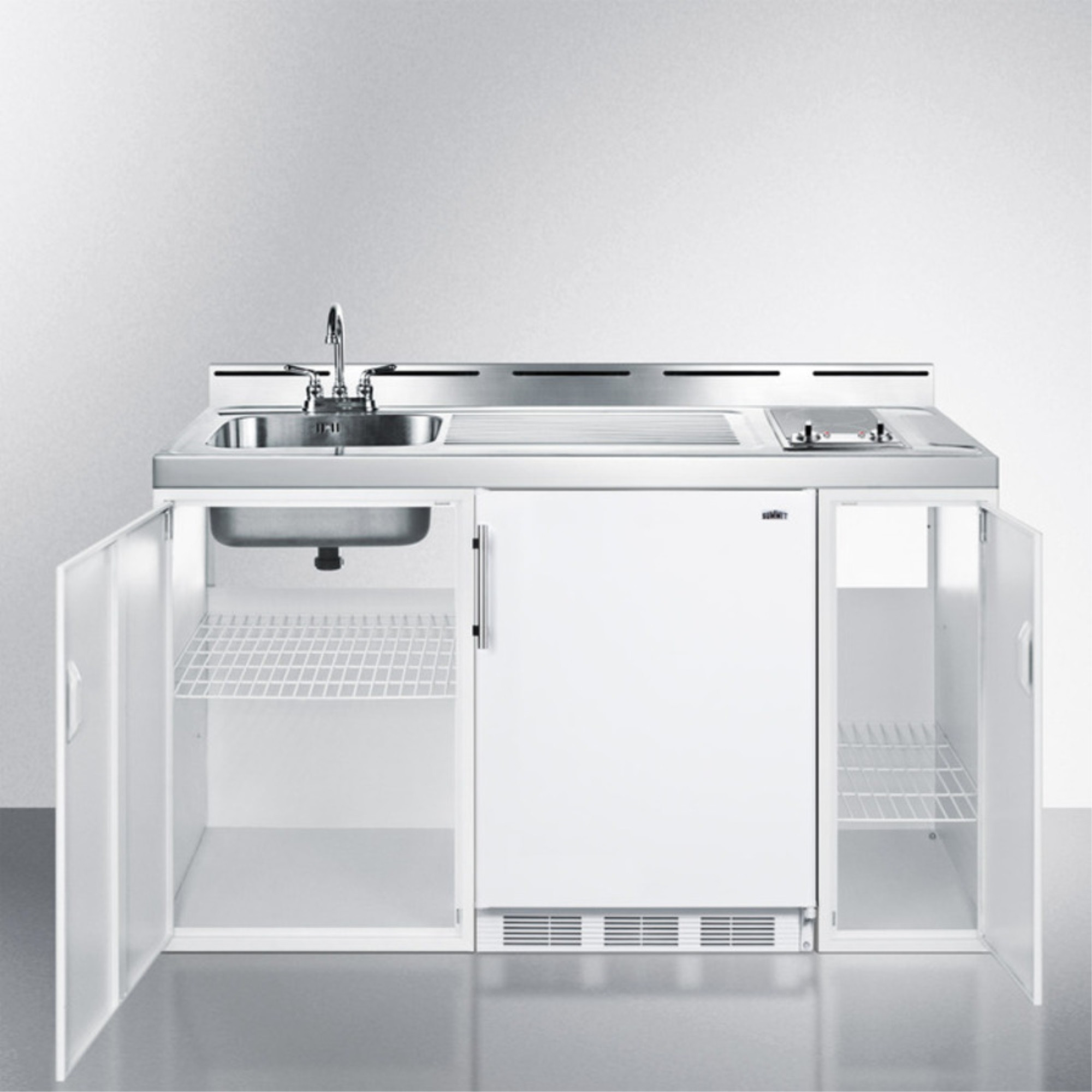 60" wide all-in-one kitchenette with 2-burner 115V smooth top cooktop, refrigerator-freezer, sink, and storage cabinet