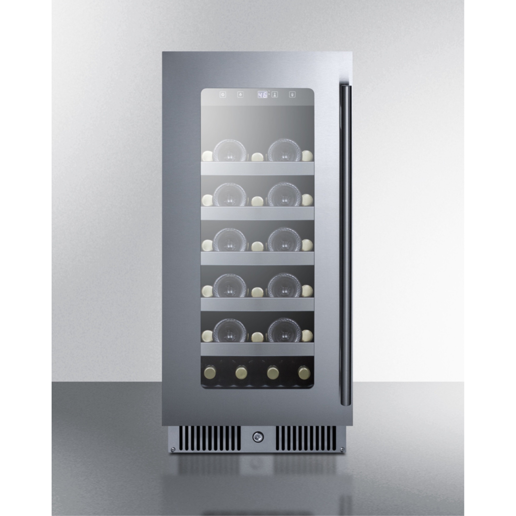 15" wide built-in wine cellar with seamless stainless steel door trim