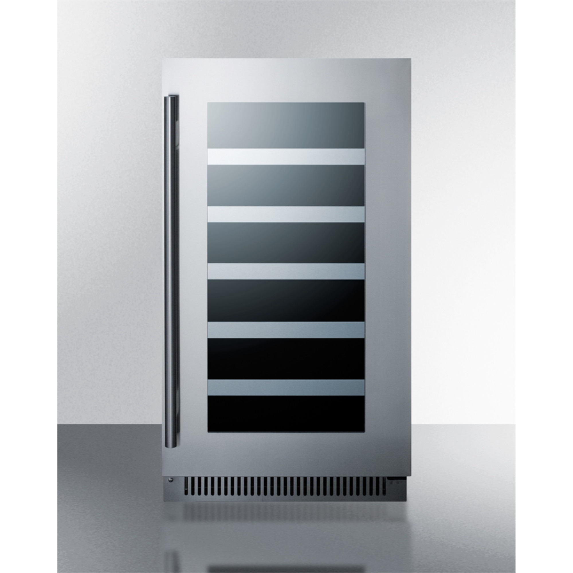 18" wide built-in wine cellar with seamless stainless steel trimmed glass door and stainless steel wrapped cabinet