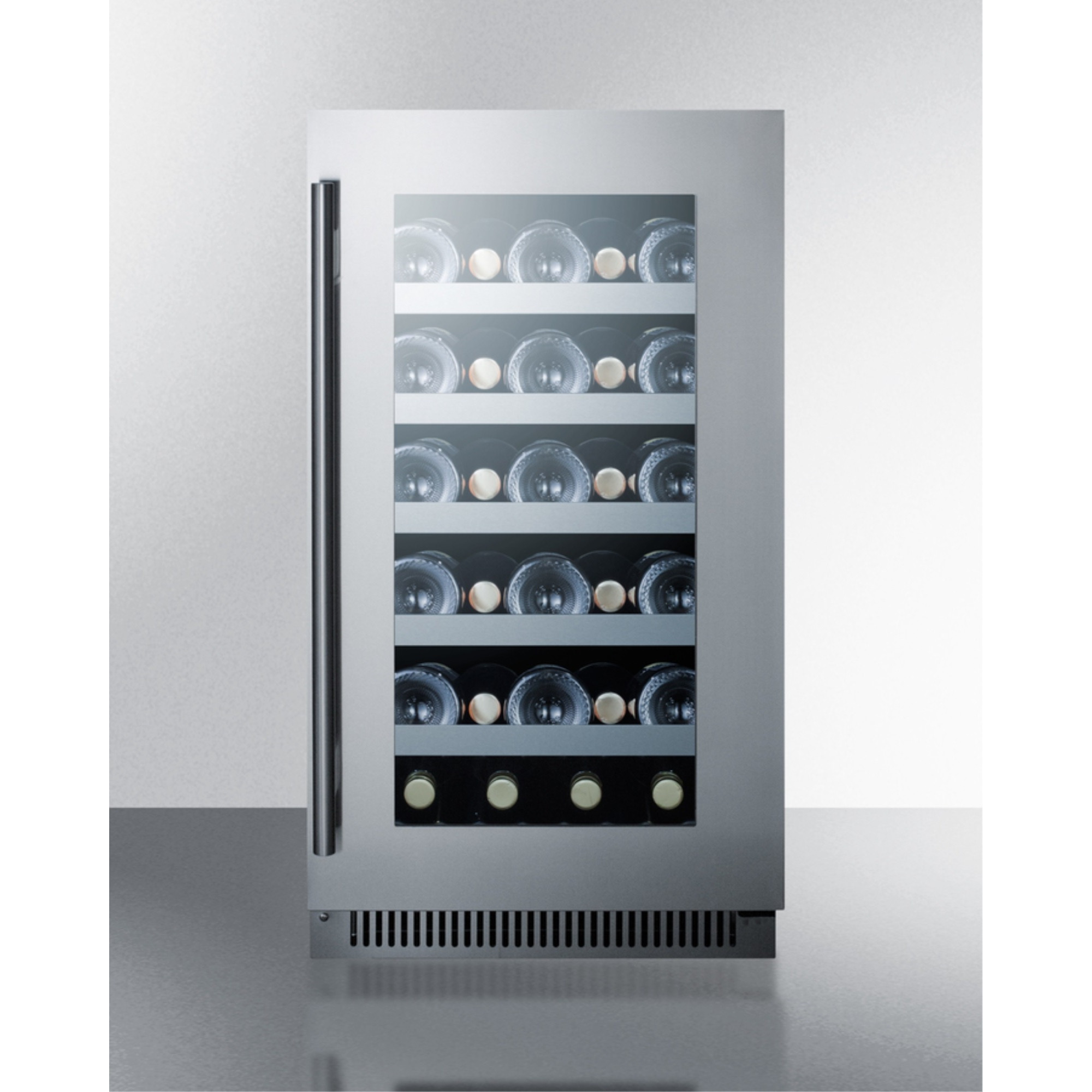 18" wide built-in wine cellar with seamless stainless steel trimmed glass door and stainless steel wrapped cabinet