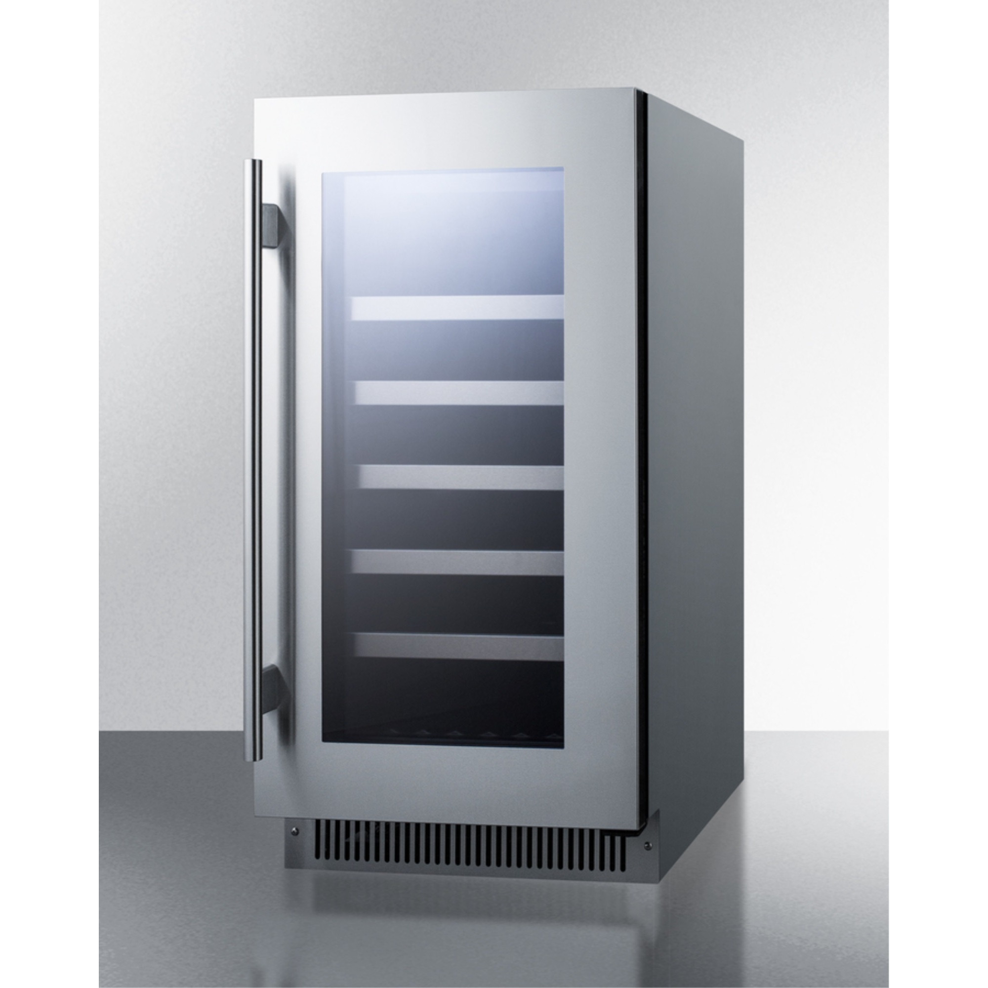 18" wide built-in wine cellar with seamless stainless steel trimmed glass door and stainless steel wrapped cabinet