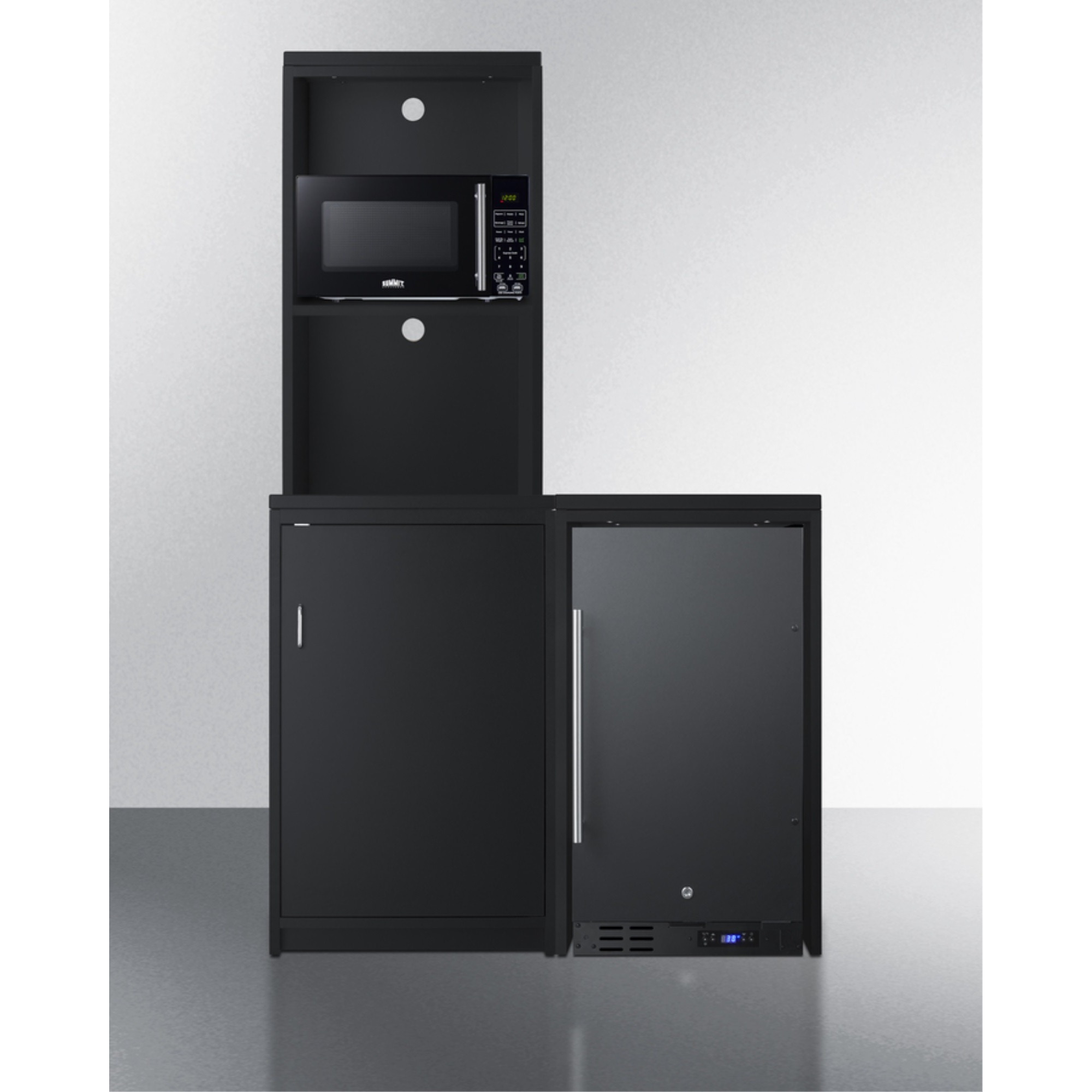 43" wide casework suite with refrigerator, microwave, and cabinets