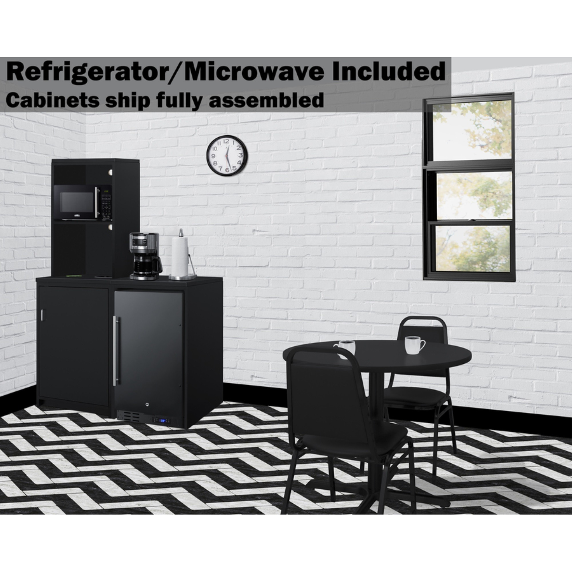 43" wide casework suite with refrigerator, microwave, and cabinets