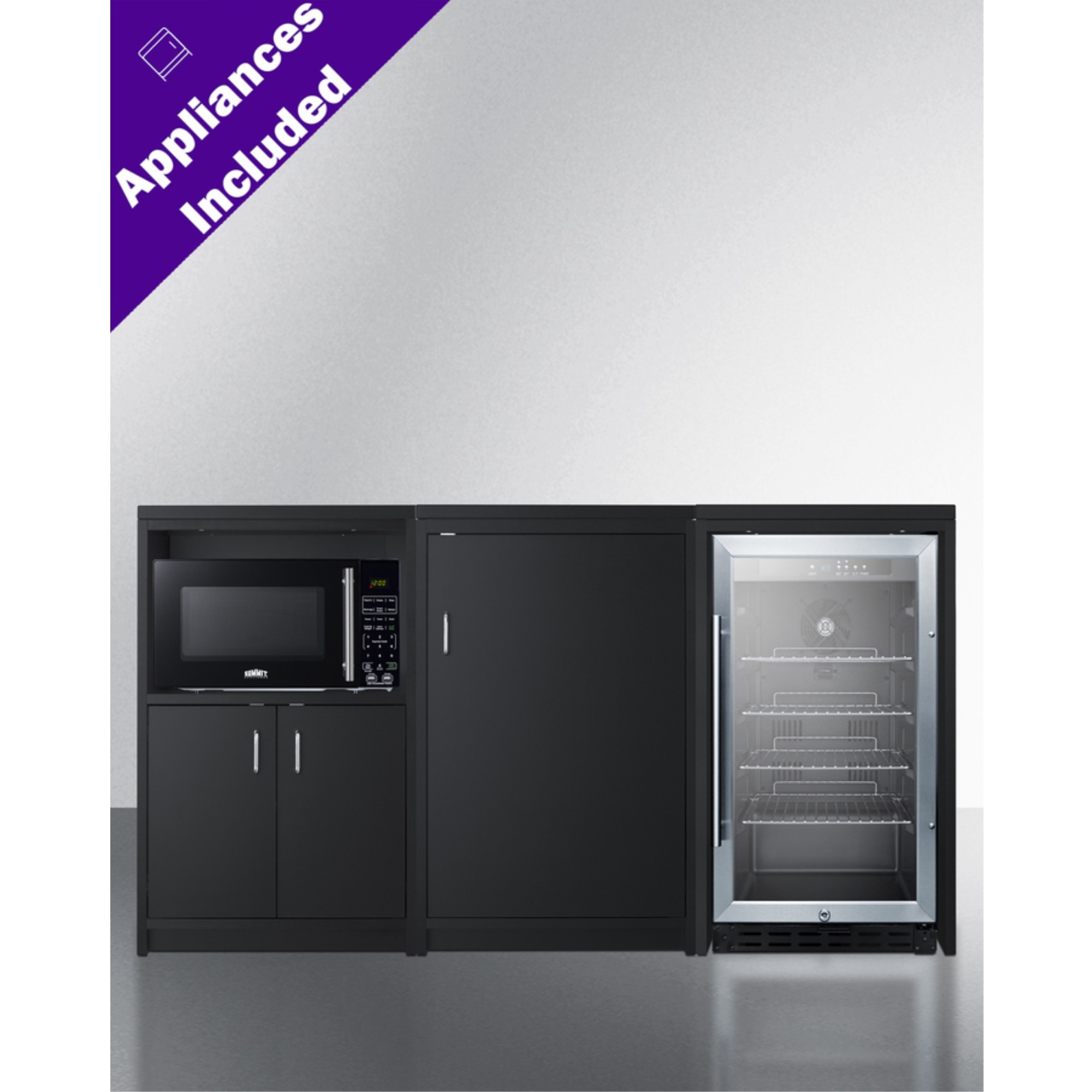 64" wide casework suite with refrigerator, microwave, and cabinets