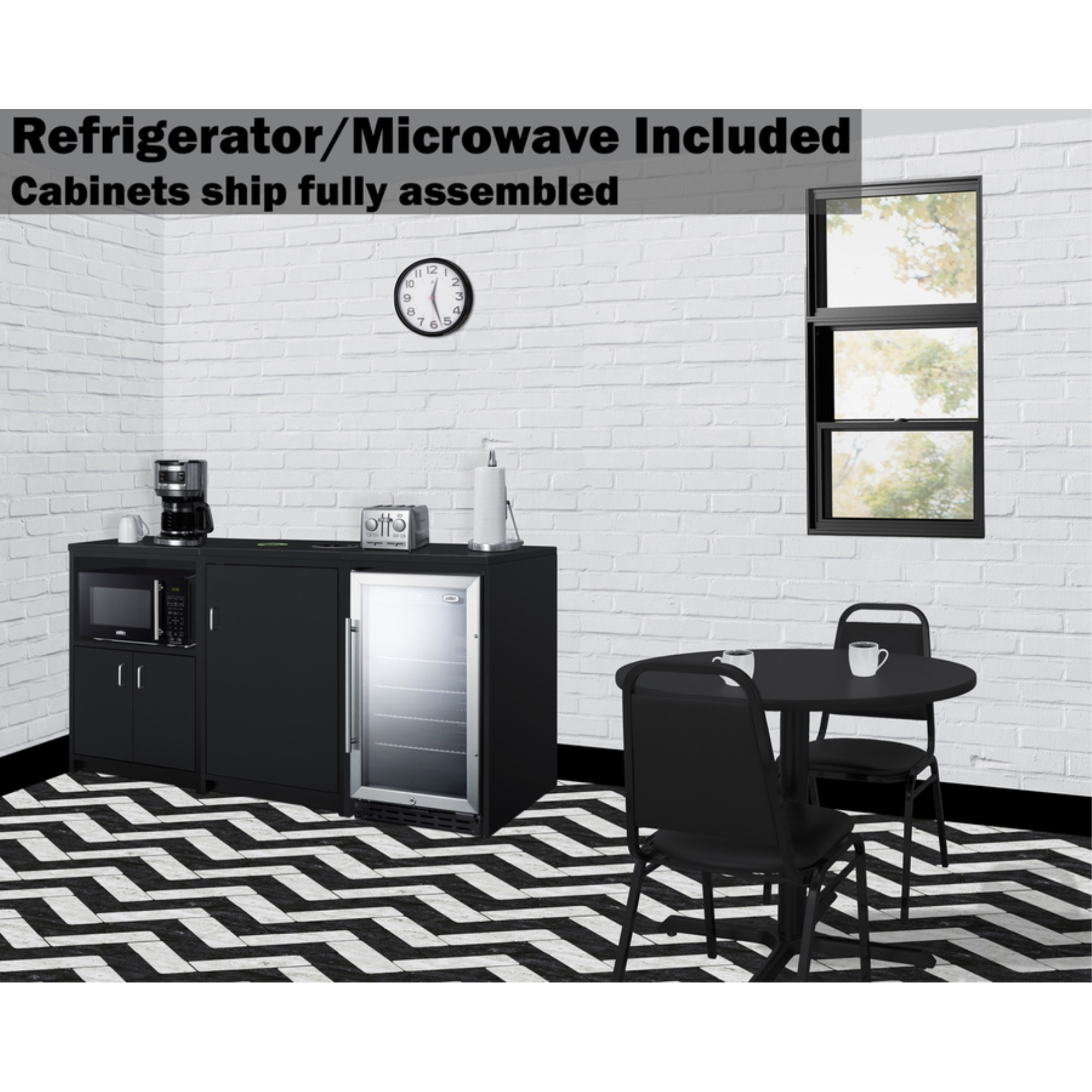64" wide casework suite with refrigerator, microwave, and cabinets