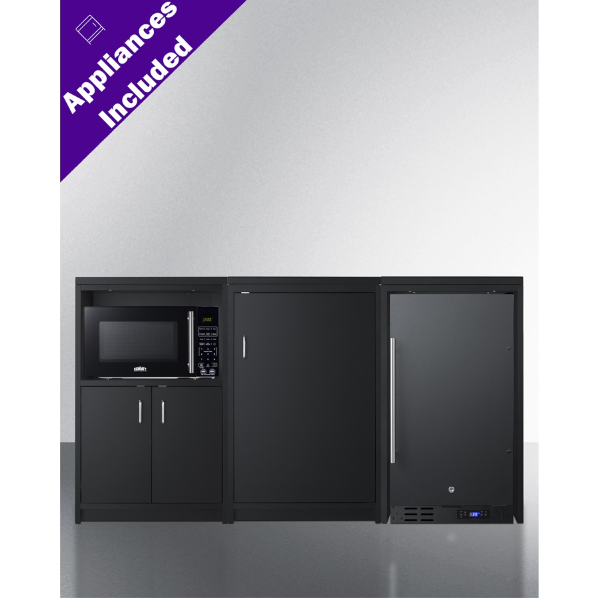 64" wide casework suite with refrigerator, microwave, and cabinets