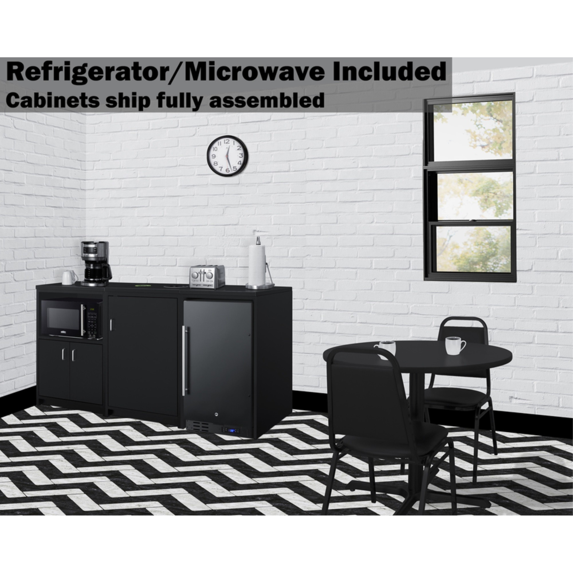 64" wide casework suite with refrigerator, microwave, and cabinets