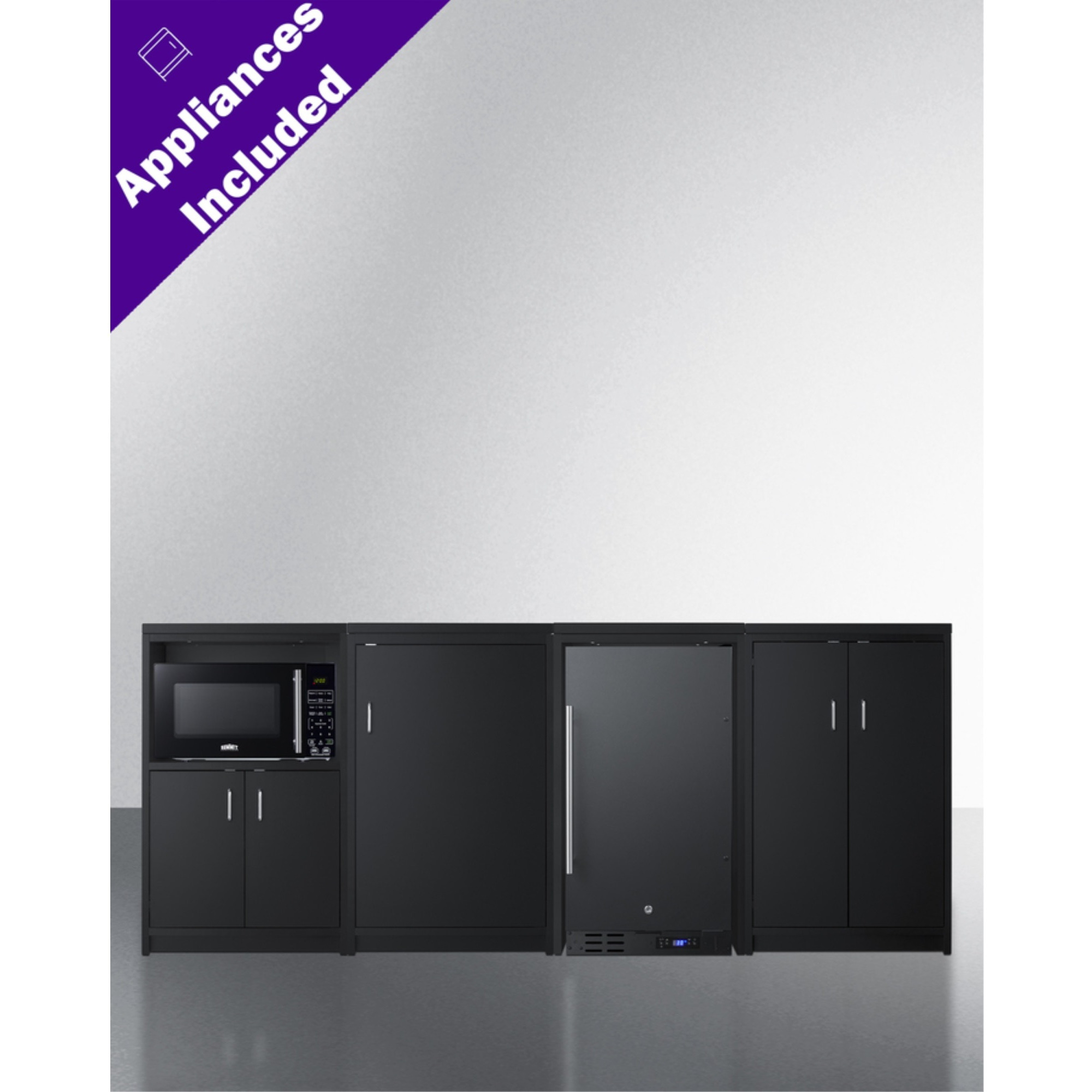 85" wide casework suite with refrigerator, microwave, and cabinets