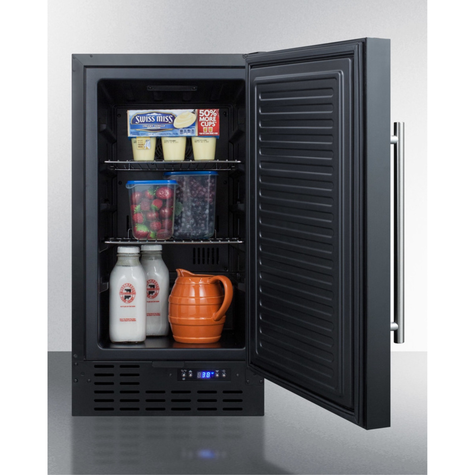 85" wide casework suite with refrigerator, microwave, and cabinets