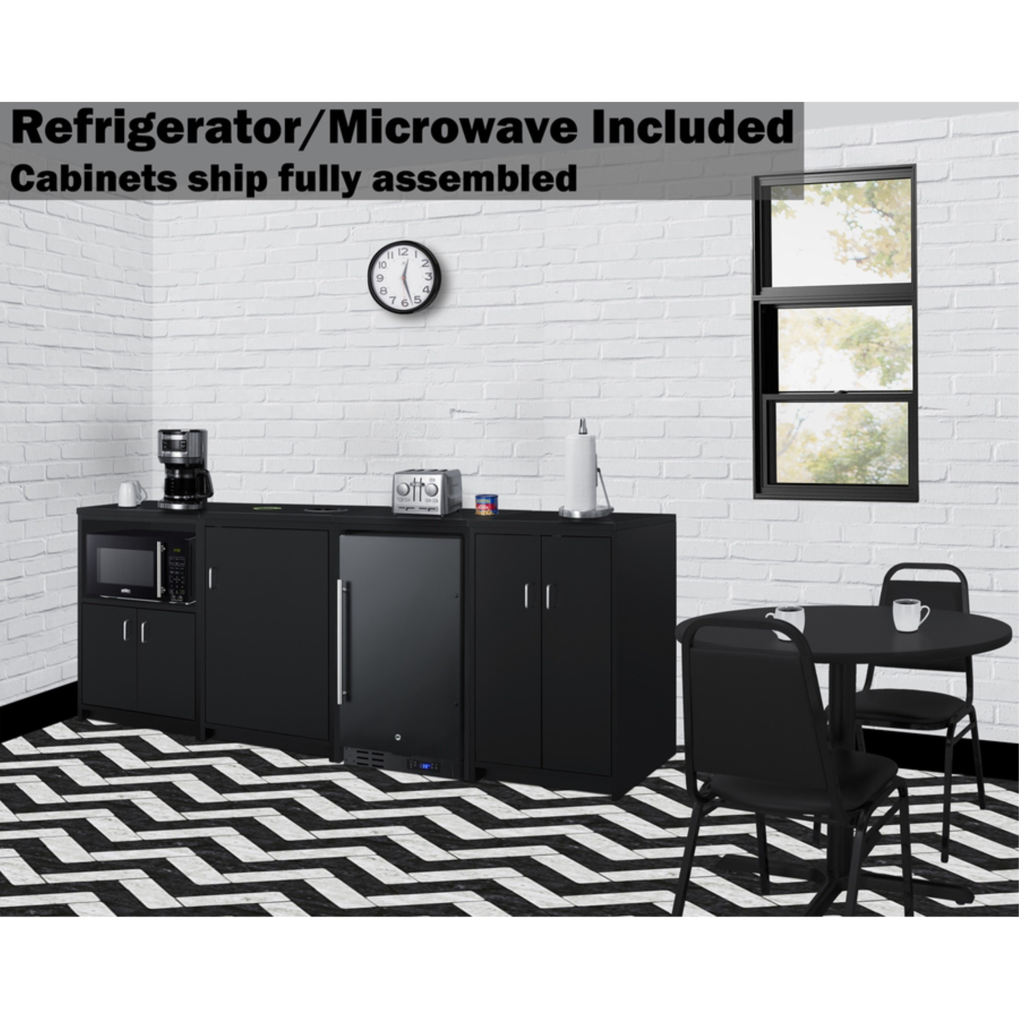85" wide casework suite with refrigerator, microwave, and cabinets