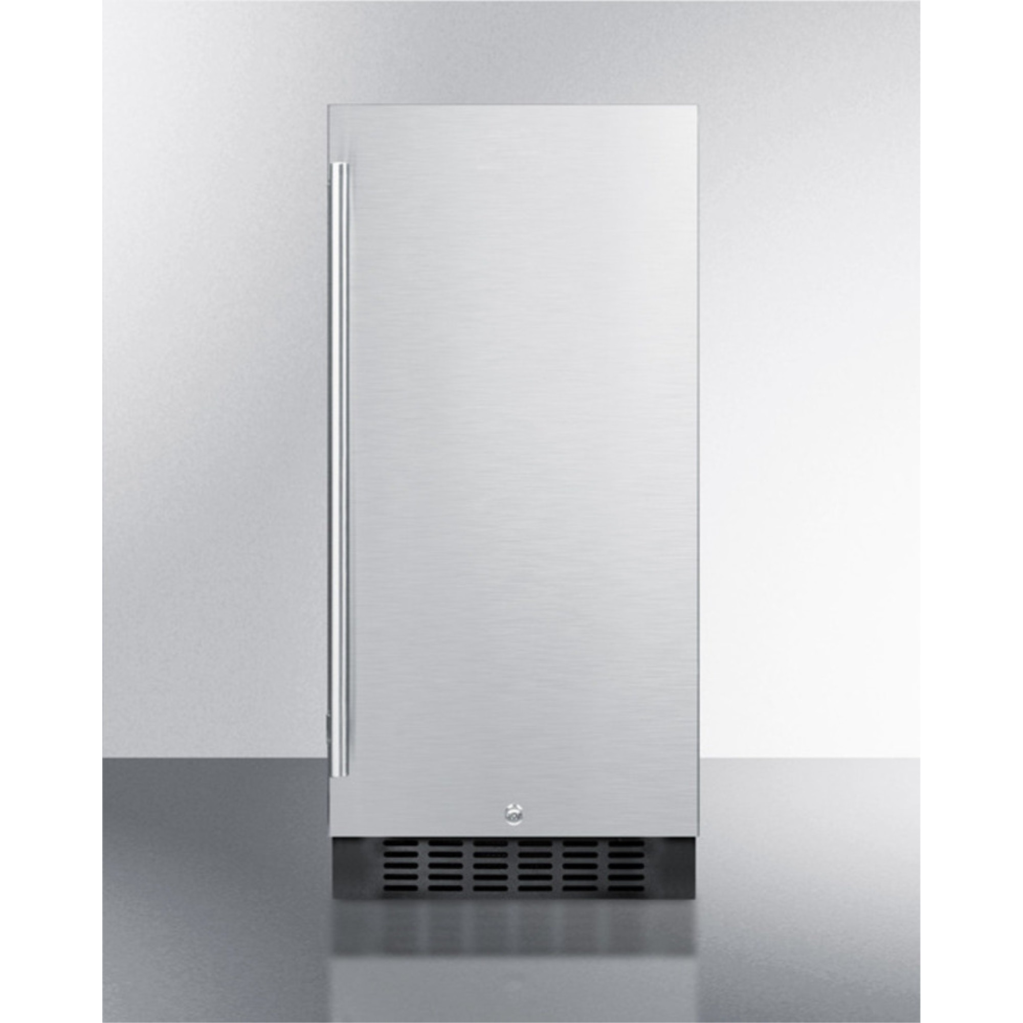 15" wide all-refrigerator for built-in or freestanding use, with stainless steel wrapped exterior, lock, and digital thermostat