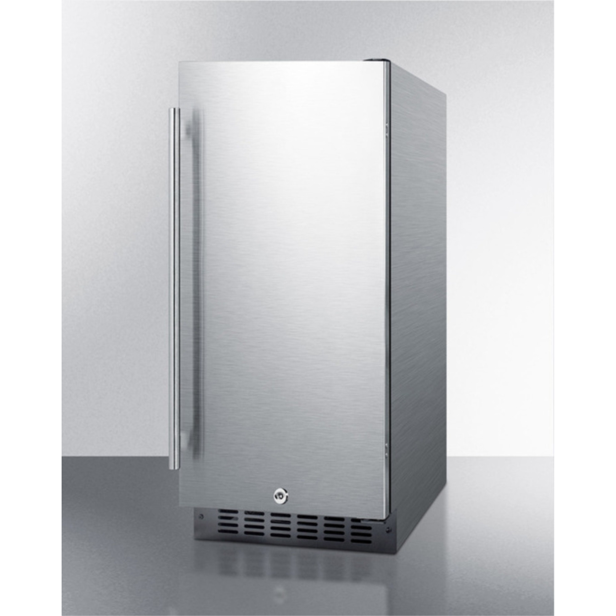 15" wide all-refrigerator for built-in or freestanding use, with stainless steel wrapped exterior, lock, and digital thermostat