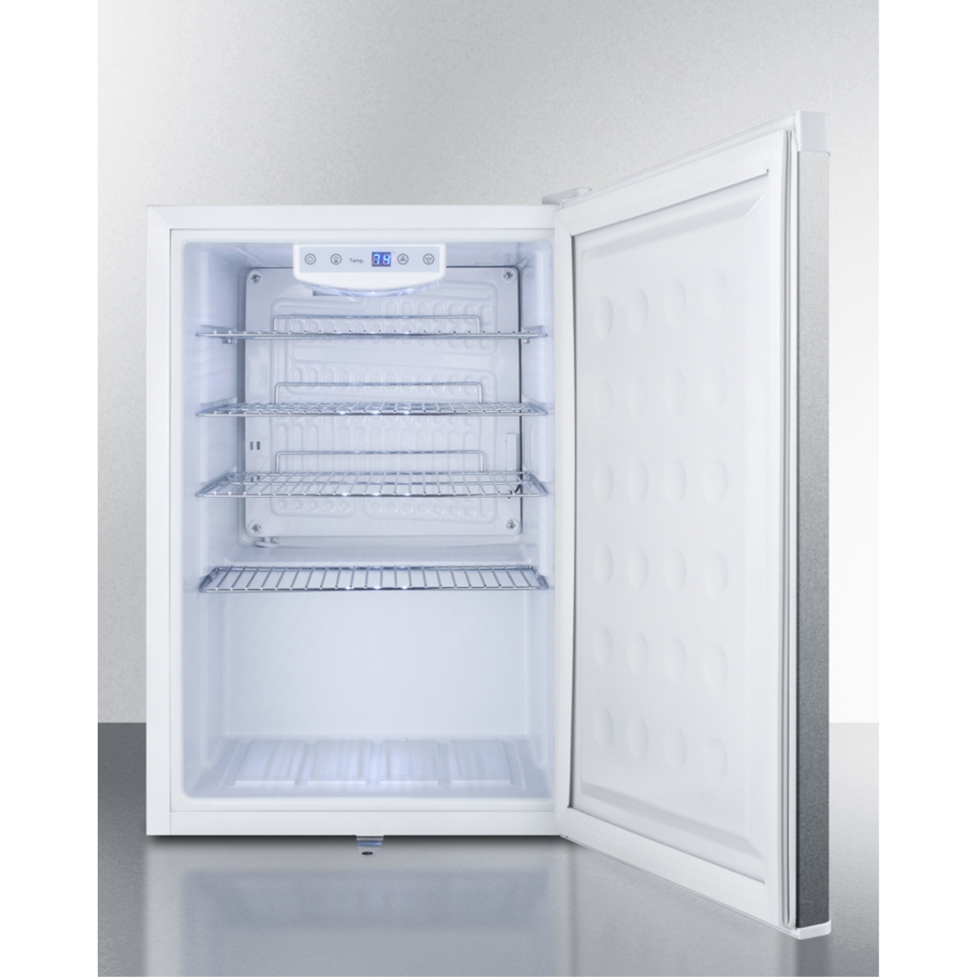 Commercial style built-in capable compact all-refrigerator in white with digital thermostat