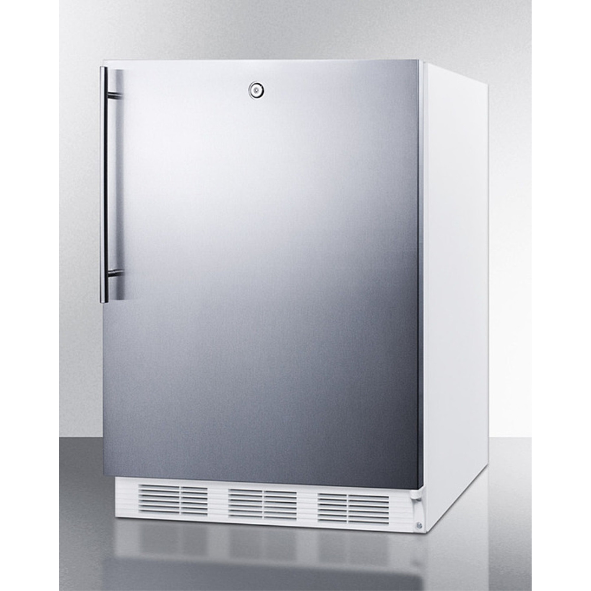 ADA compliant commercial all-refrigerator for freestanding general purpose use, auto defrost with lock, SS wrapped door, thin handle, and white cabinet