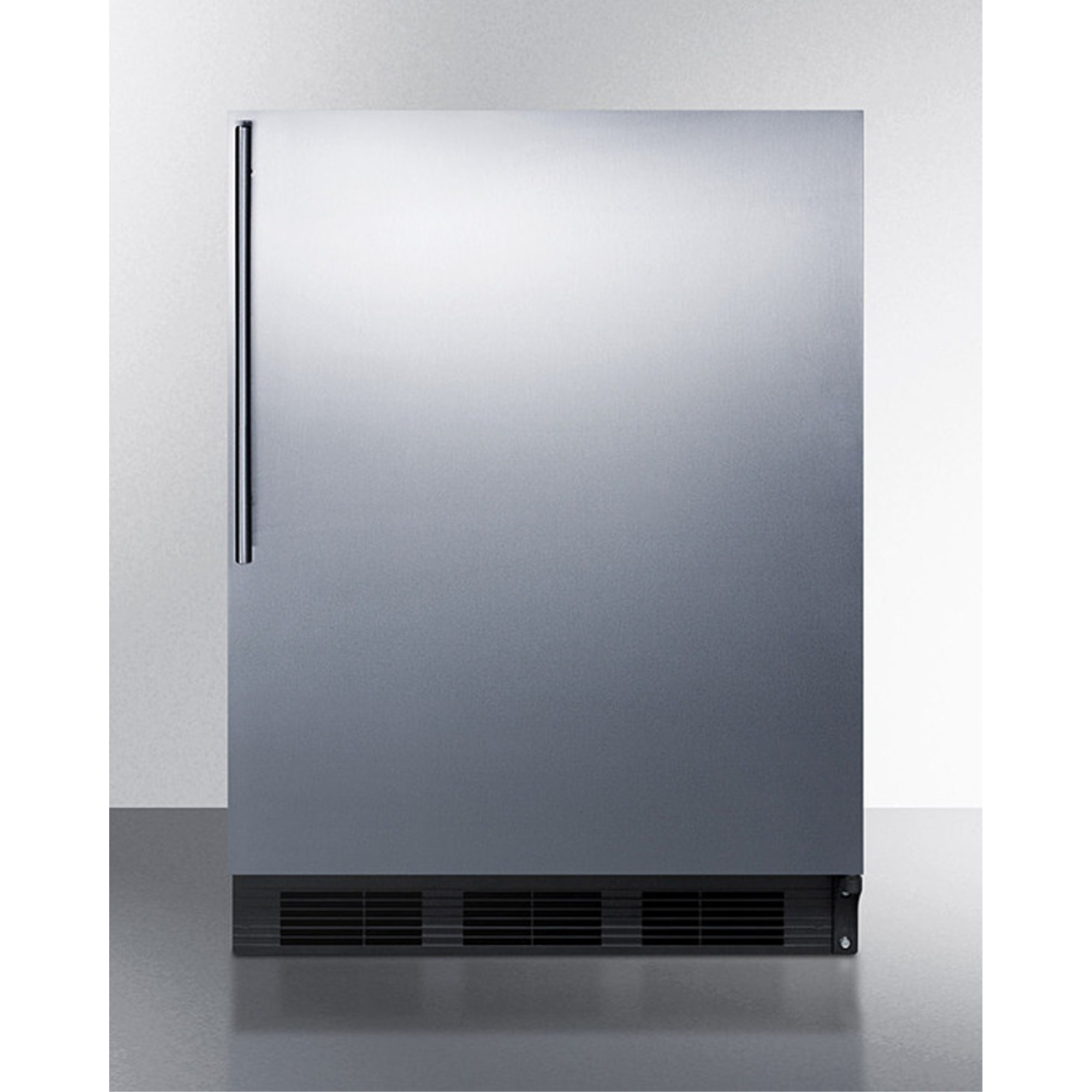 Commercially listed freestanding all-refrigerator for general purpose use, auto defrost w/SS wrapped door, thin handle, and black cabinet