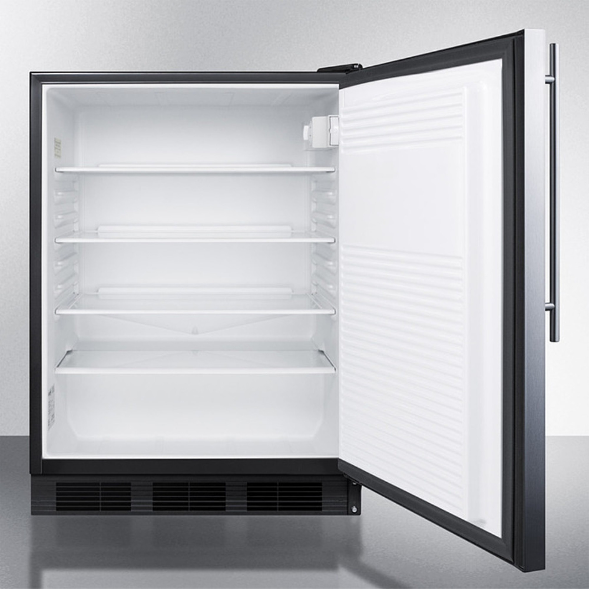 Commercially listed freestanding all-refrigerator for general purpose use, auto defrost w/SS wrapped door, thin handle, and black cabinet