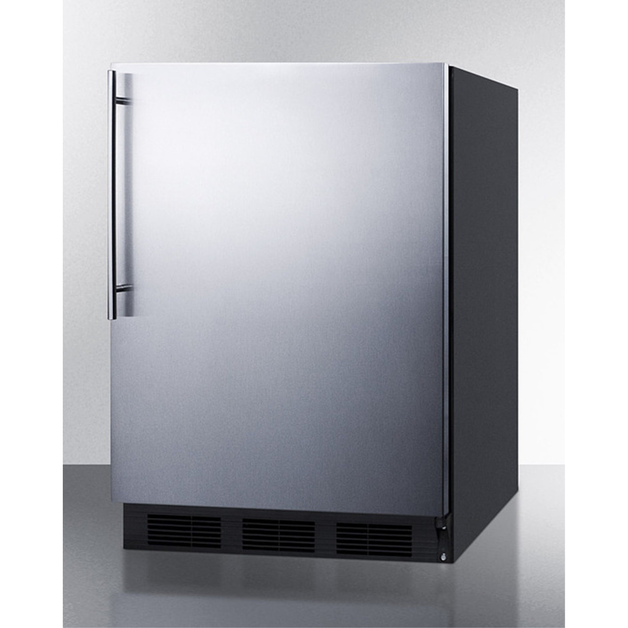 Commercially listed freestanding all-refrigerator for general purpose use, auto defrost w/SS wrapped door, thin handle, and black cabinet