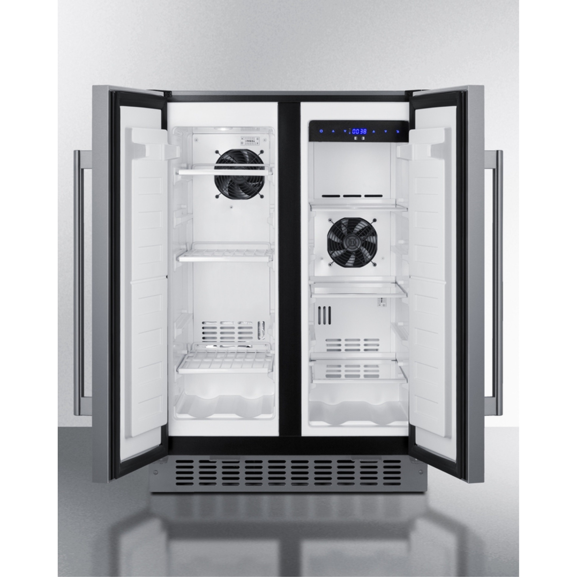 24" wide undercounter frost-free side-by-side refrigerator-freezer in stainless steel with locks, stainless steel handles, and digital controls