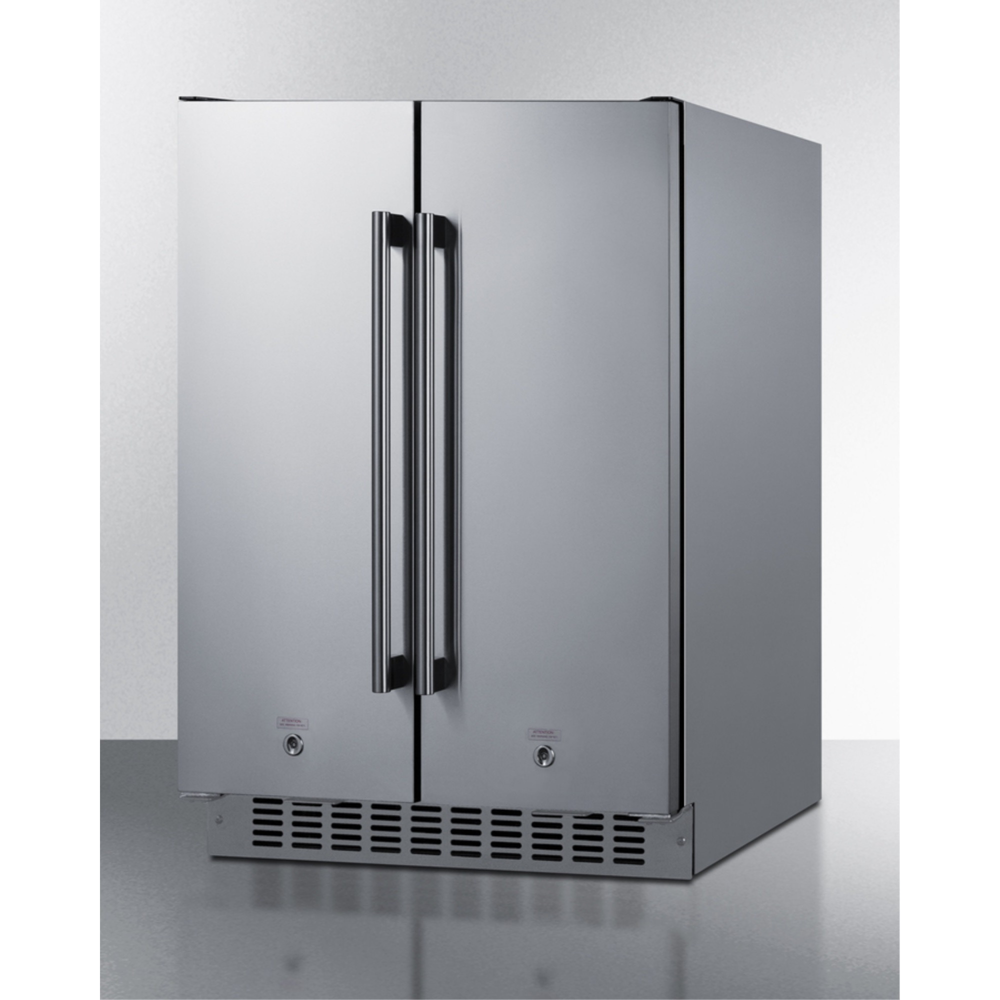 24" wide undercounter frost-free side-by-side refrigerator-freezer in stainless steel with locks, stainless steel handles, and digital controls