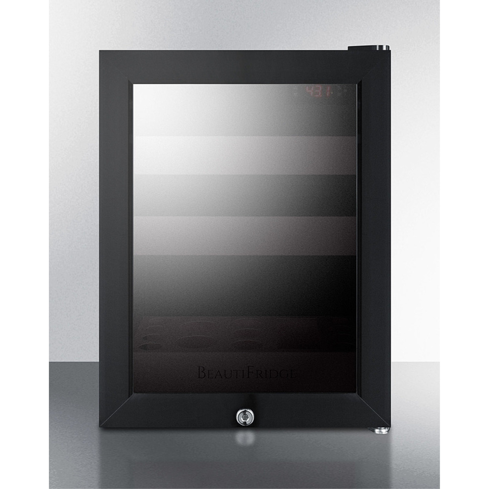 BeautiFridge cosmetics refrigerator with pink shelving and tinted glass door
