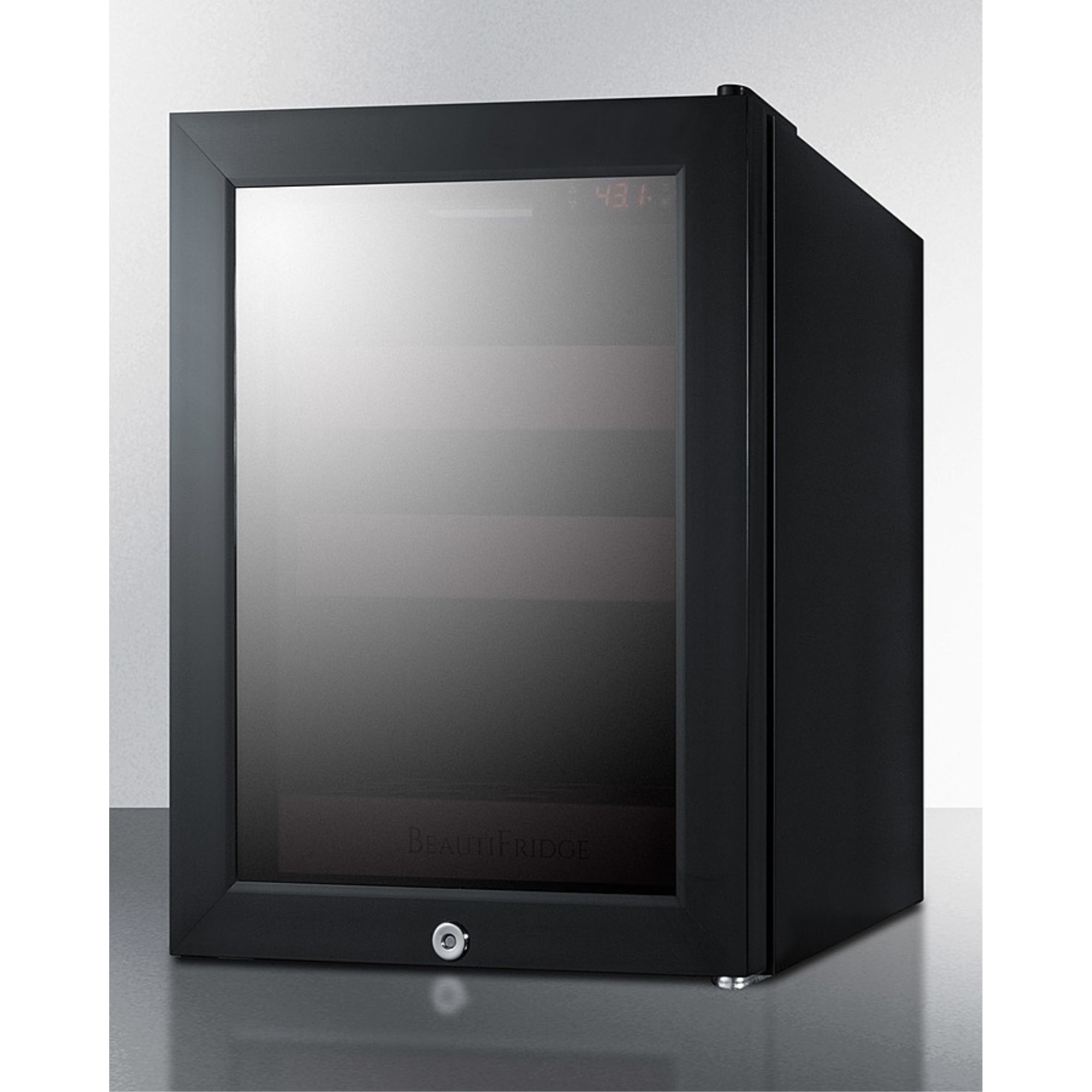 BeautiFridge cosmetics refrigerator with pink shelving and tinted glass door