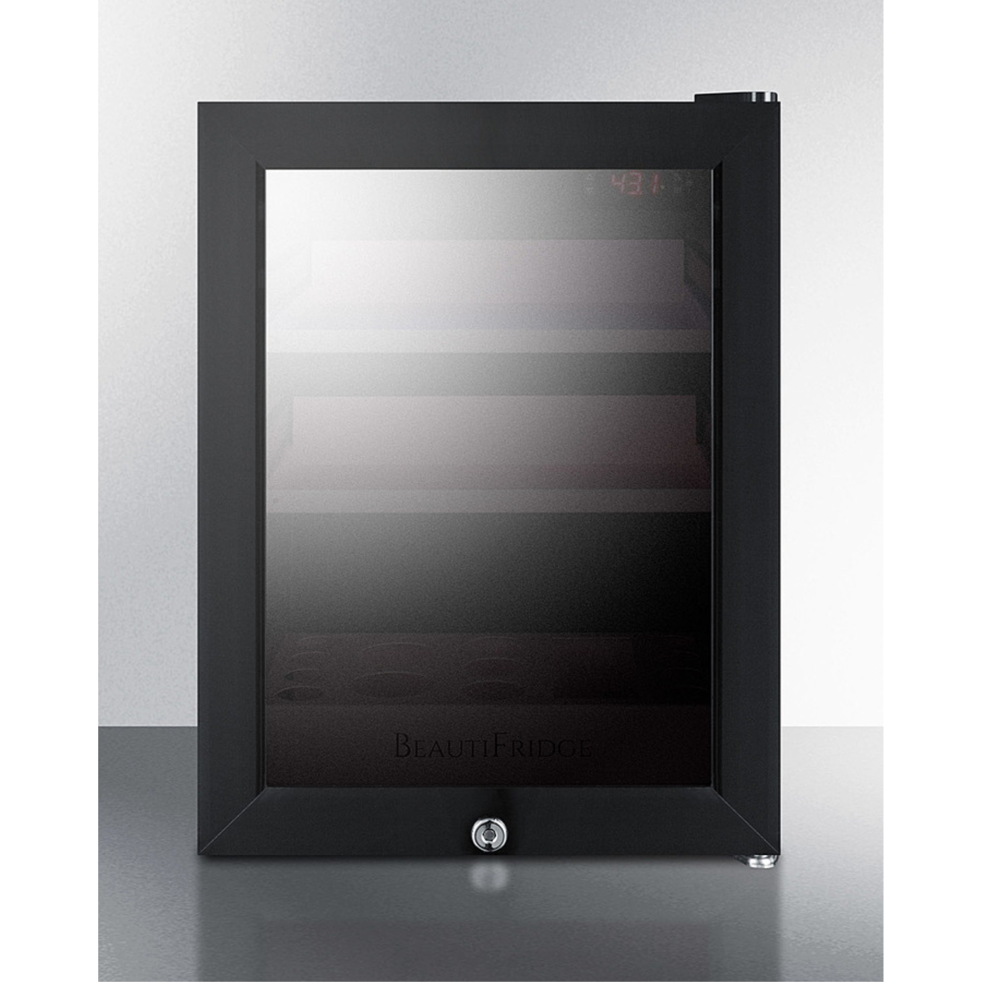 BeautiFridge cosmetics refrigerator with pink shelving and tinted glass door