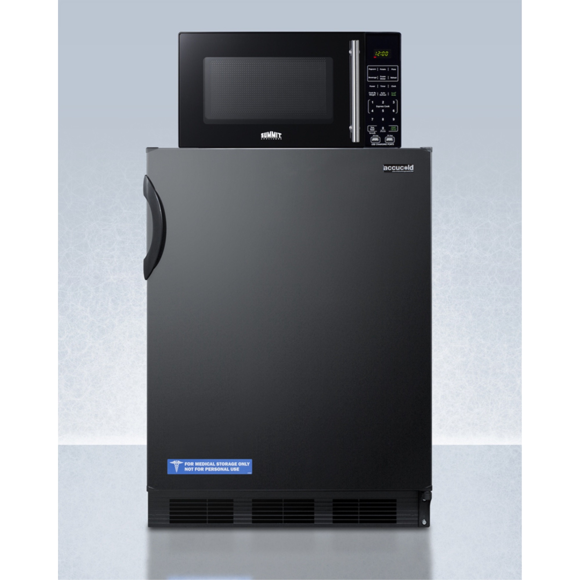 Counter height refrigerator-freezer and compact microwave in black with allocator and USB ports for 1-plug operation ships in three boxes on one pallet