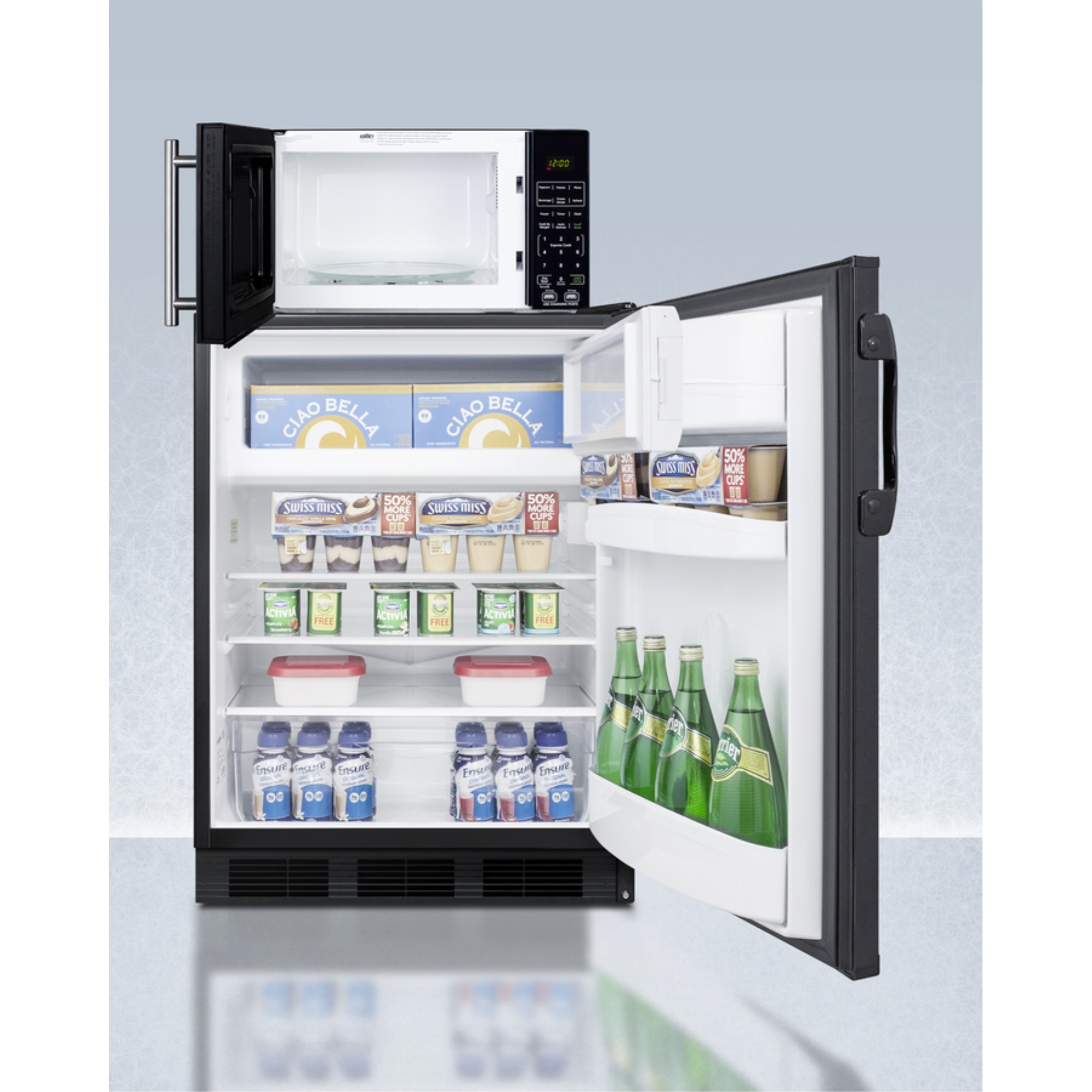 Counter height refrigerator-freezer and compact microwave in black with allocator and USB ports for 1-plug operation ships in three boxes on one pallet