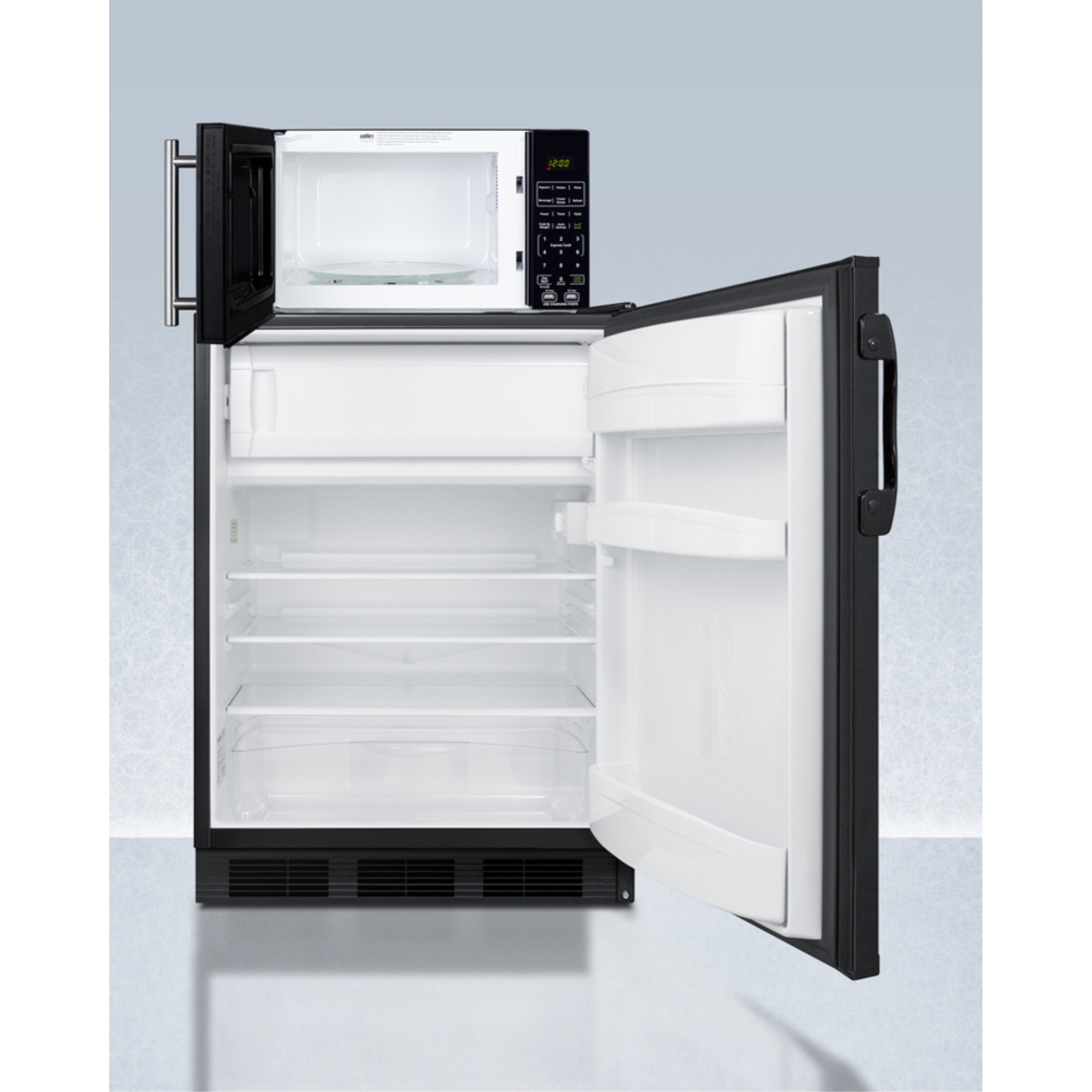 Counter height refrigerator-freezer and compact microwave in black with allocator and USB ports for 1-plug operation ships in three boxes on one pallet