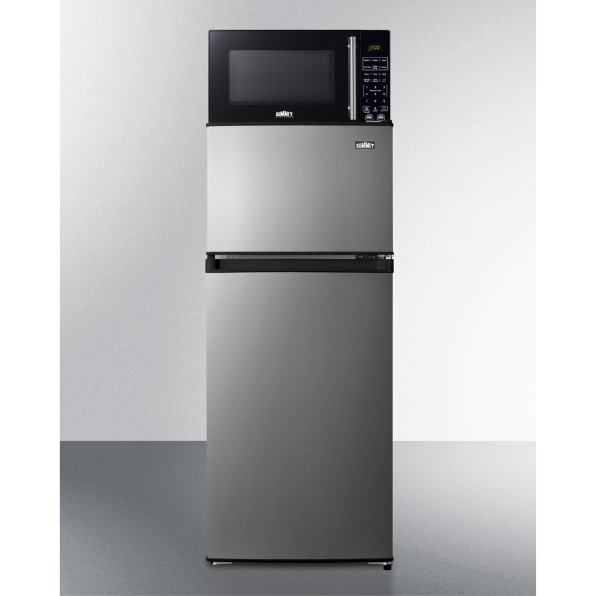 Mid-sized refrigerator-freezer in a stainless steel steel look and black microwave with built-in allocator, with brackets included (ships in 3 boxes on one pallet)