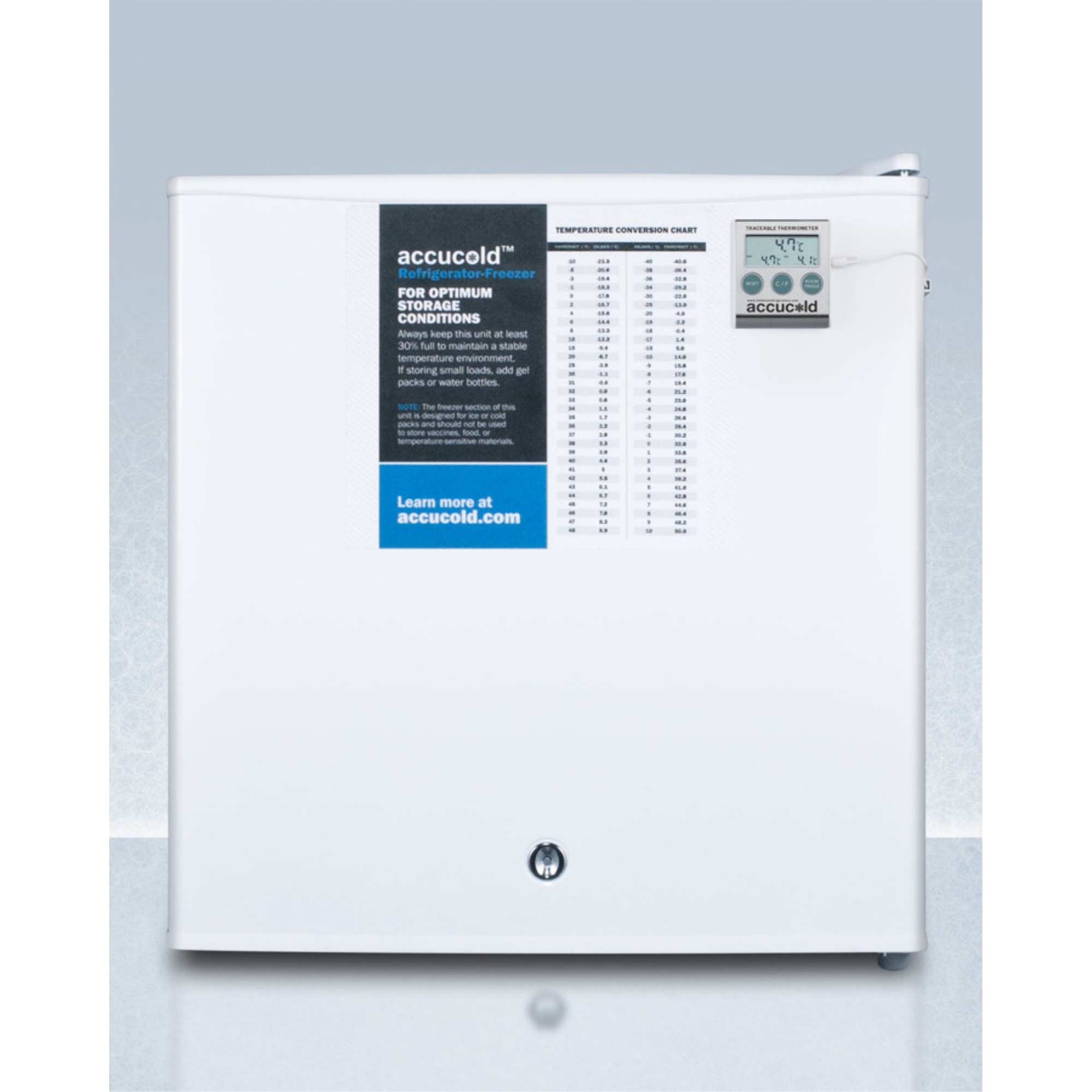 Compact refrigerator-freezer with NIST calibrated thermometer, hospital grade cord, and front-mounted lock for general purpose use